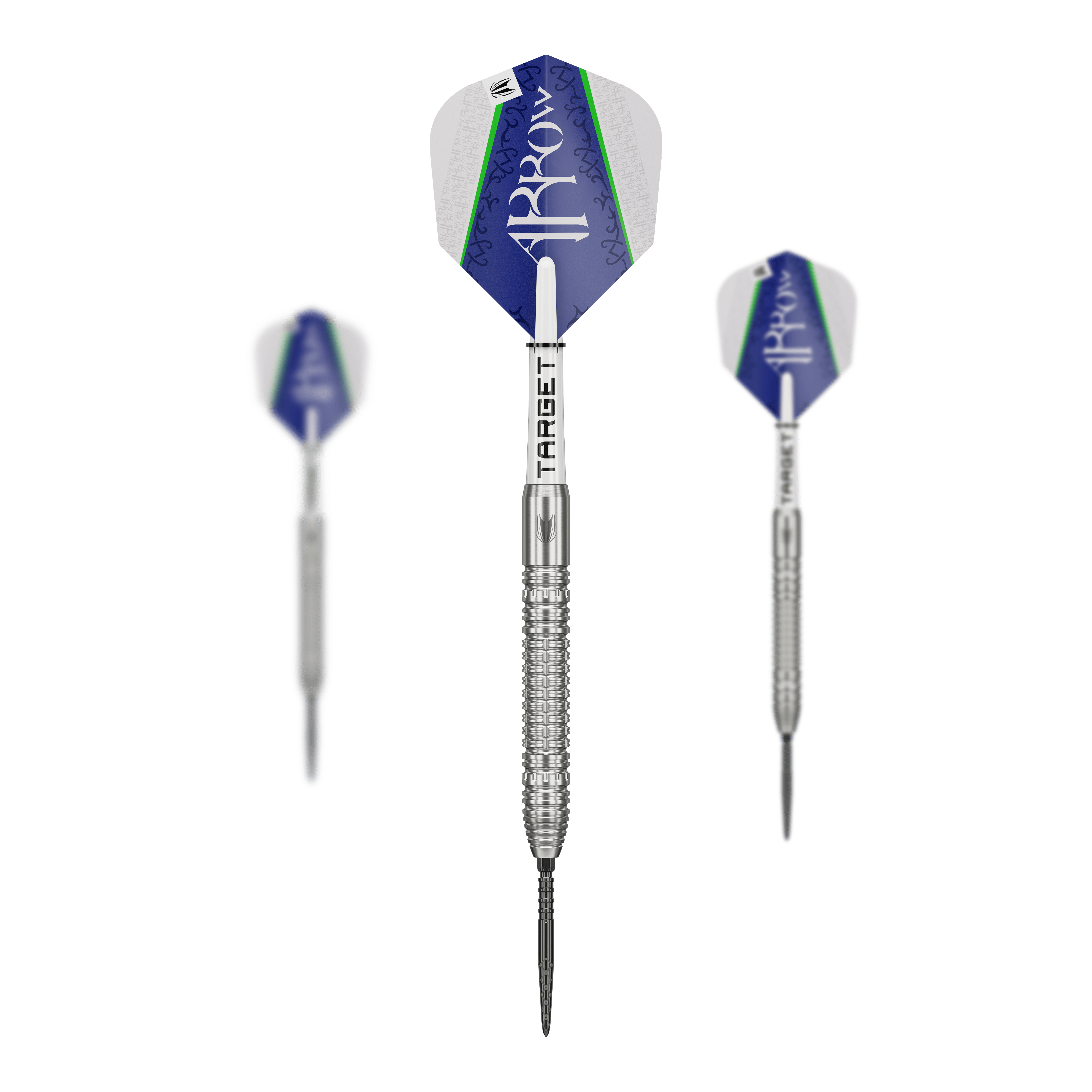 Target Shane McGuirk GEN1 Swiss Point Steel Darts - 23g Das Bild zeigt drei Steeldarts des Modells "Target Shane McGuirk GEN1 Swiss Point - 23g". Die Darts haben silberne Spitzen und Schäfte sowie blau-weiße Flights mit grünen Akzenten.