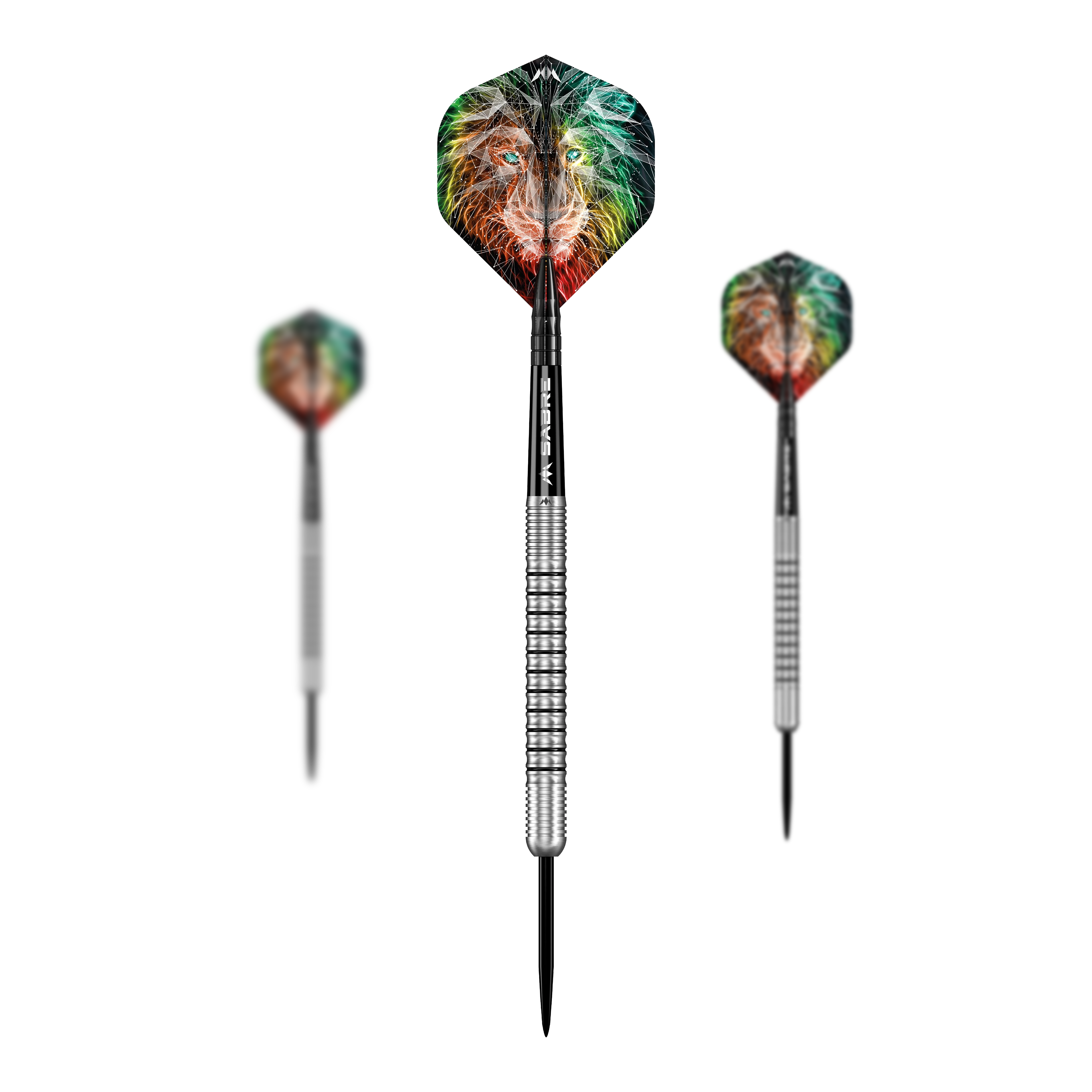 Mission Dominik Grüllich Steeldarts Das Bild zeigt drei Steeldarts des Produkts „Mission Dominik Grüllich Steeldarts - 23,5g“. Auf den Flights ist ein farbiges Löwenmotiv zu sehen.