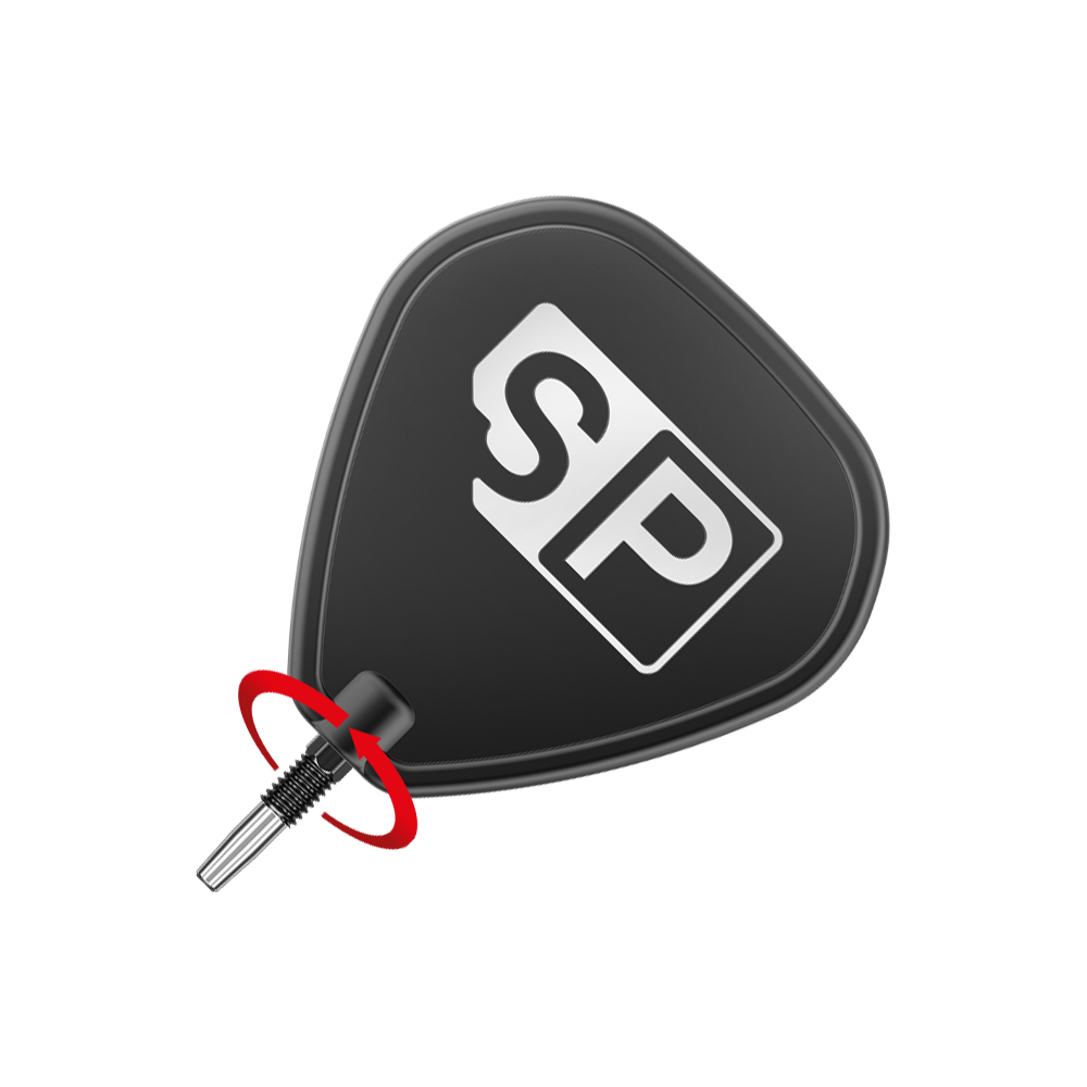 Target Swiss Point RVE dart tips - Black Das Bild zeigt eine schwarze Dartspitze mit der Aufschrift "SP" in Weiß. Ein roter Pfeil deutet auf die Richtung hin, in der die Spitze eingedreht werden soll.