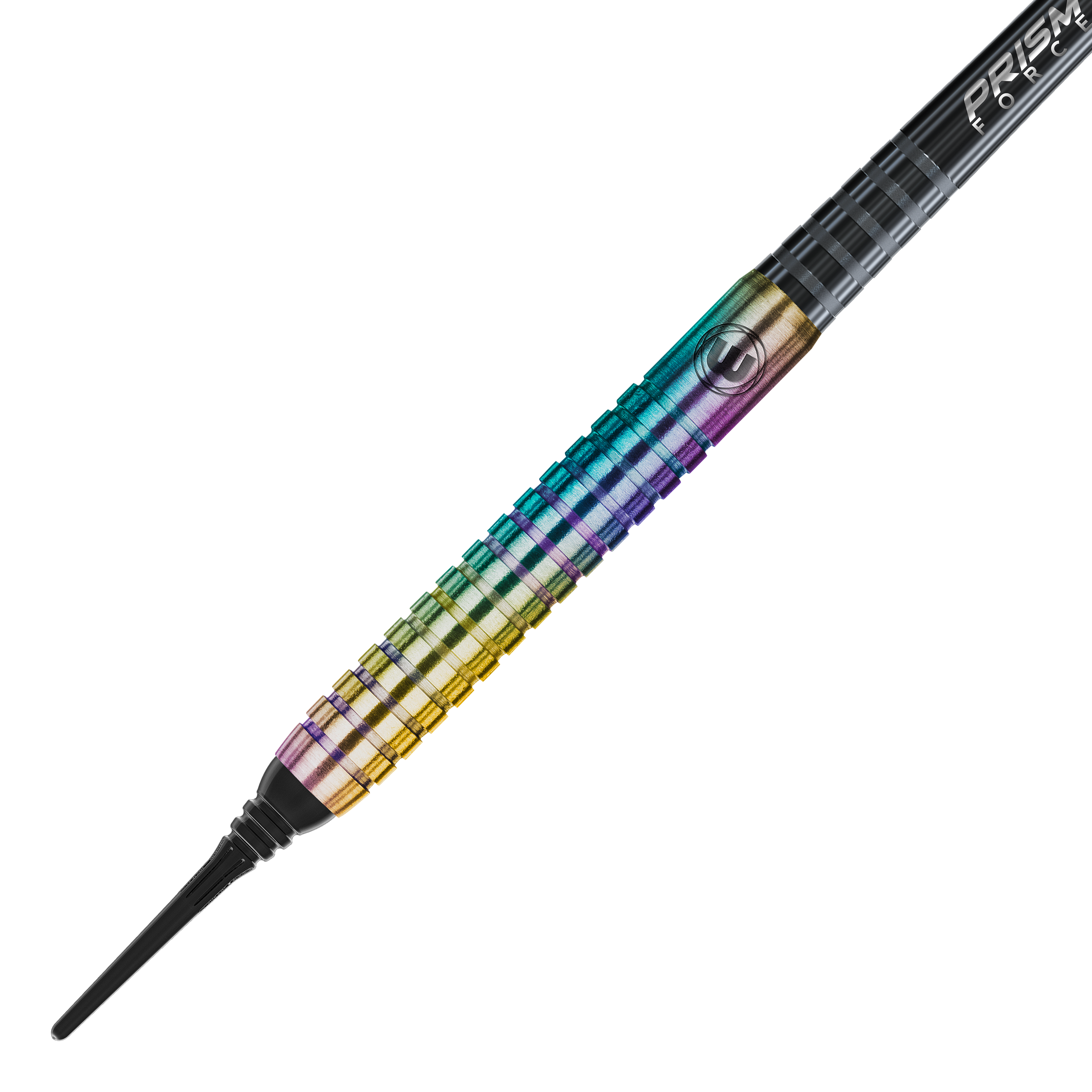 Winmau Foxfire Urban Soft Darts - 20g Das Bild zeigt einen Winmau Foxfire Urban Softdart mit einem Gewicht von 20 Gramm. Der Dart hat eine bunte, metallisch schimmernde Oberfläche mit feinen Rillen für besseren Halt.