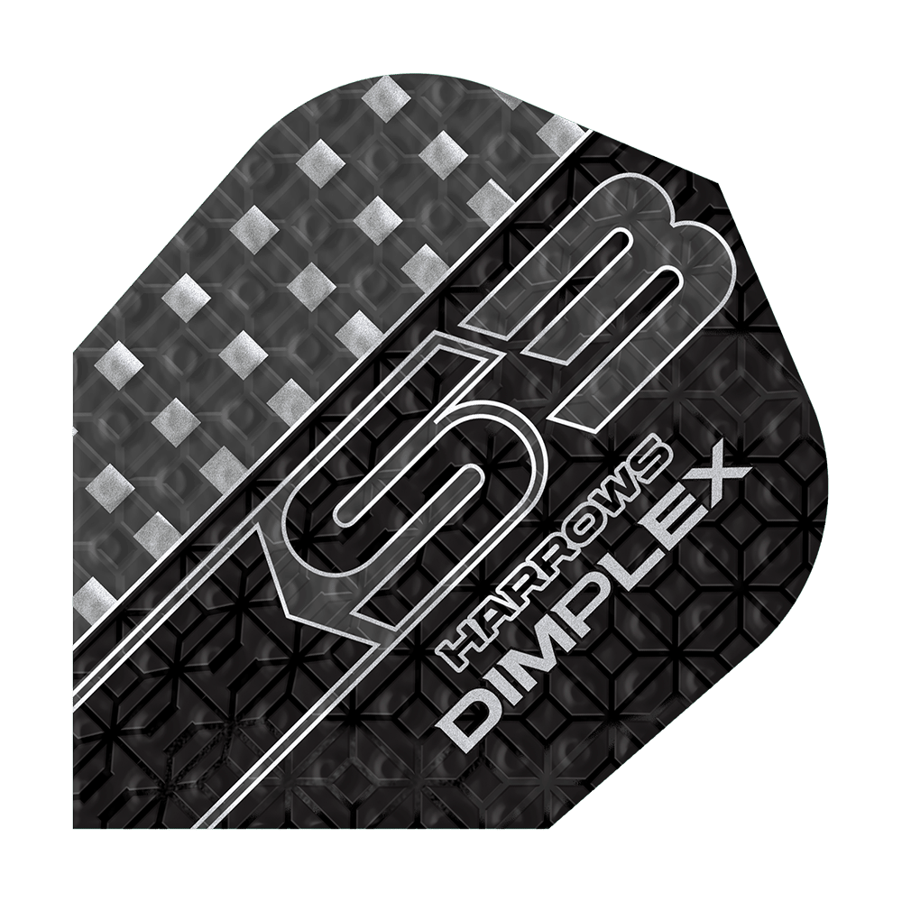 Harrows Dimplex S3 Flights - Smokey Das Bild zeigt ein Harrows Dimplex S3 Dart-Flight in der Farbe Smokey. Das Flight hat ein modernes, strukturiertes Design mit silbernen und schwarzen Mustern sowie der Aufschrift „S3 Harrows Dimplex“.