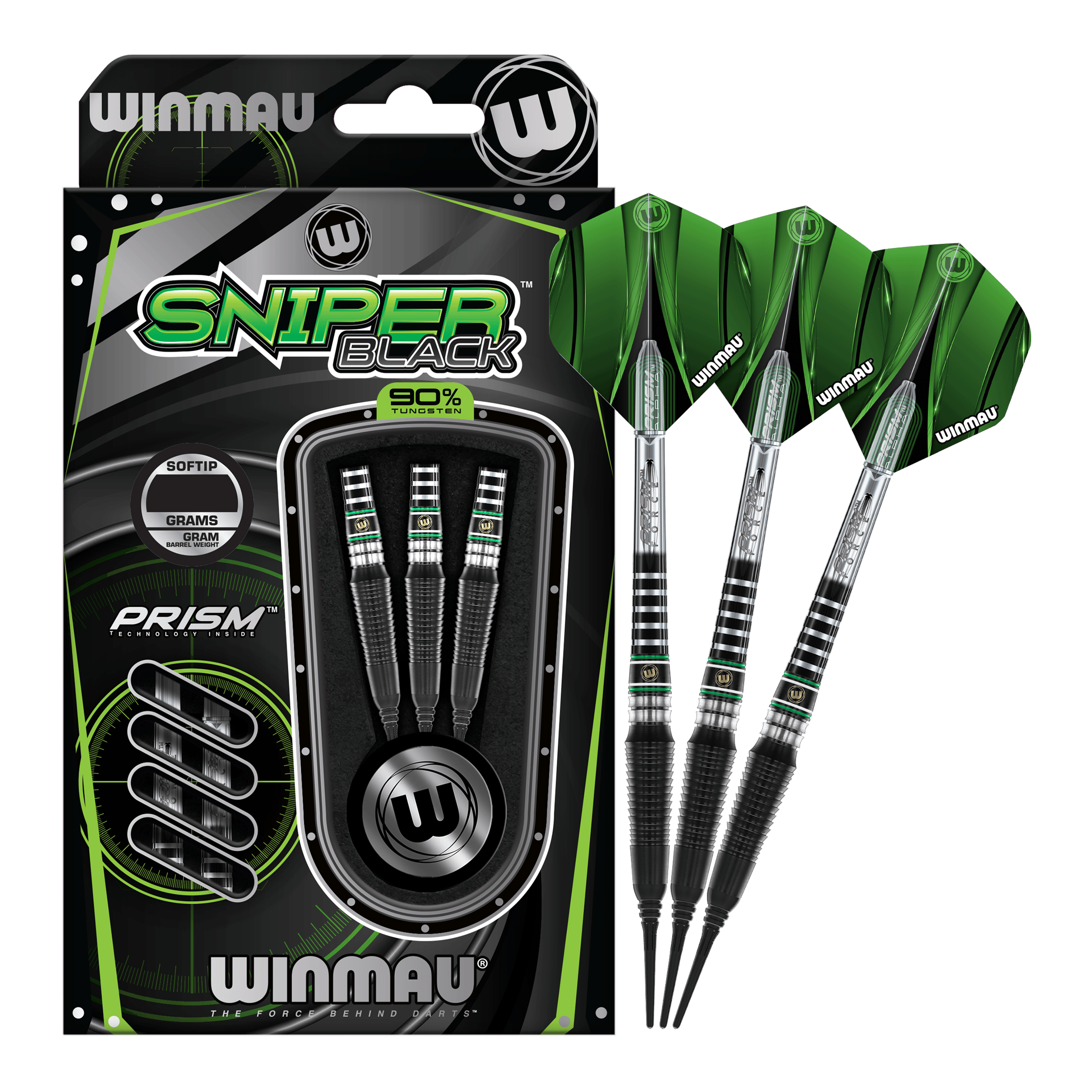 Winmau Sniper Black 2025 soft darts - 20g Das Bild fokussiert einen einzelnen Winmau Sniper Black 2025 Softdart - 20g. Schwarz glänzende Oberfläche.