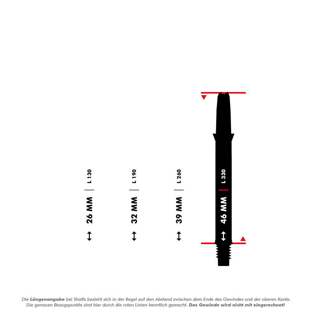 Das Bild zeigt verschiedene Längen von Dart-Schäften, wobei der längste Schaft mit 46 mm hervorgehoben ist. Die Messung erfolgt vom Ende des Gewindes bis zur oberen Kante, das Gewinde selbst wird nicht mitgerechnet.