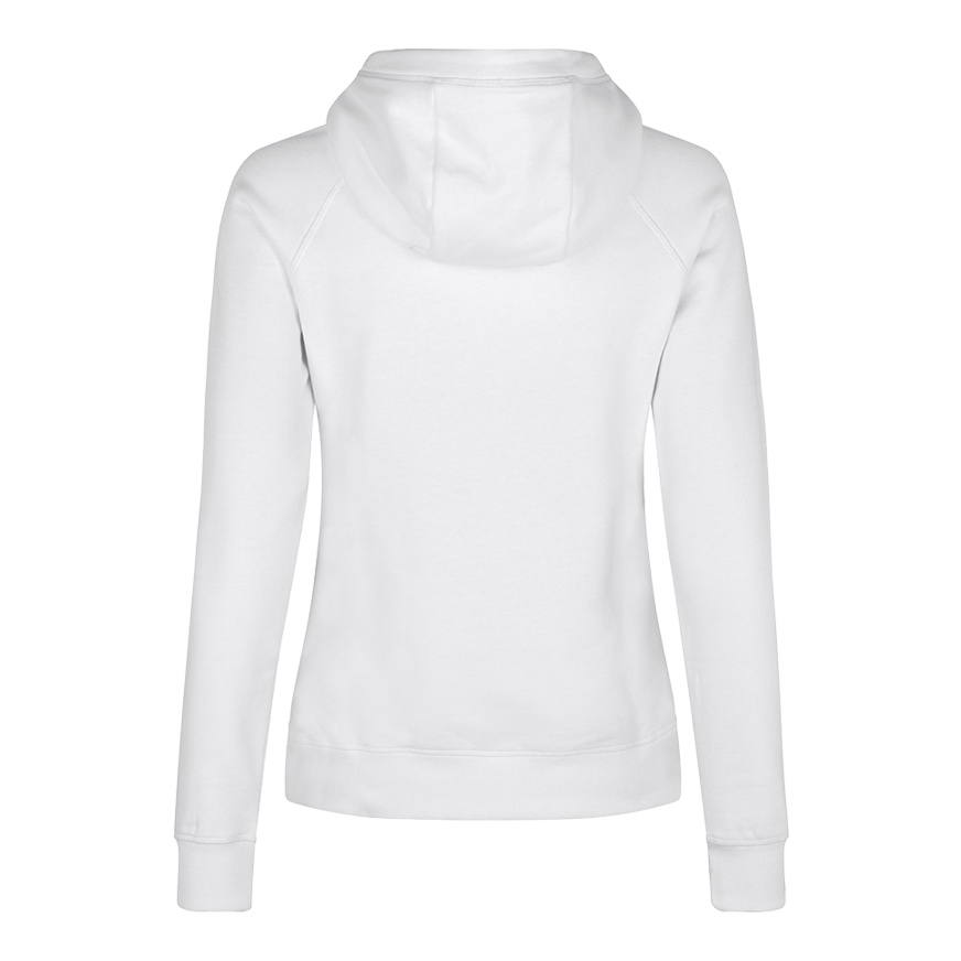 Barrels and Shafts Women's Hoodie - White Dies ist ein weißer Damen-Hoodie, der von hinten zu sehen ist. Das schlichte Design zeigt lange Ärmel und eine Kapuze.