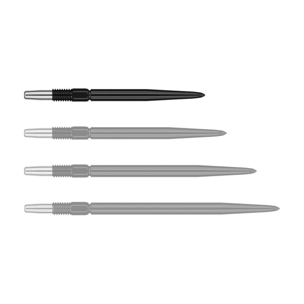 Target Swiss Point Black dart tips Auf dem Bild sind vier schwarze Dartspitzen mit silbernen Enden zu sehen. Sie sind alle nebeneinander in einer Reihe angeordnet.