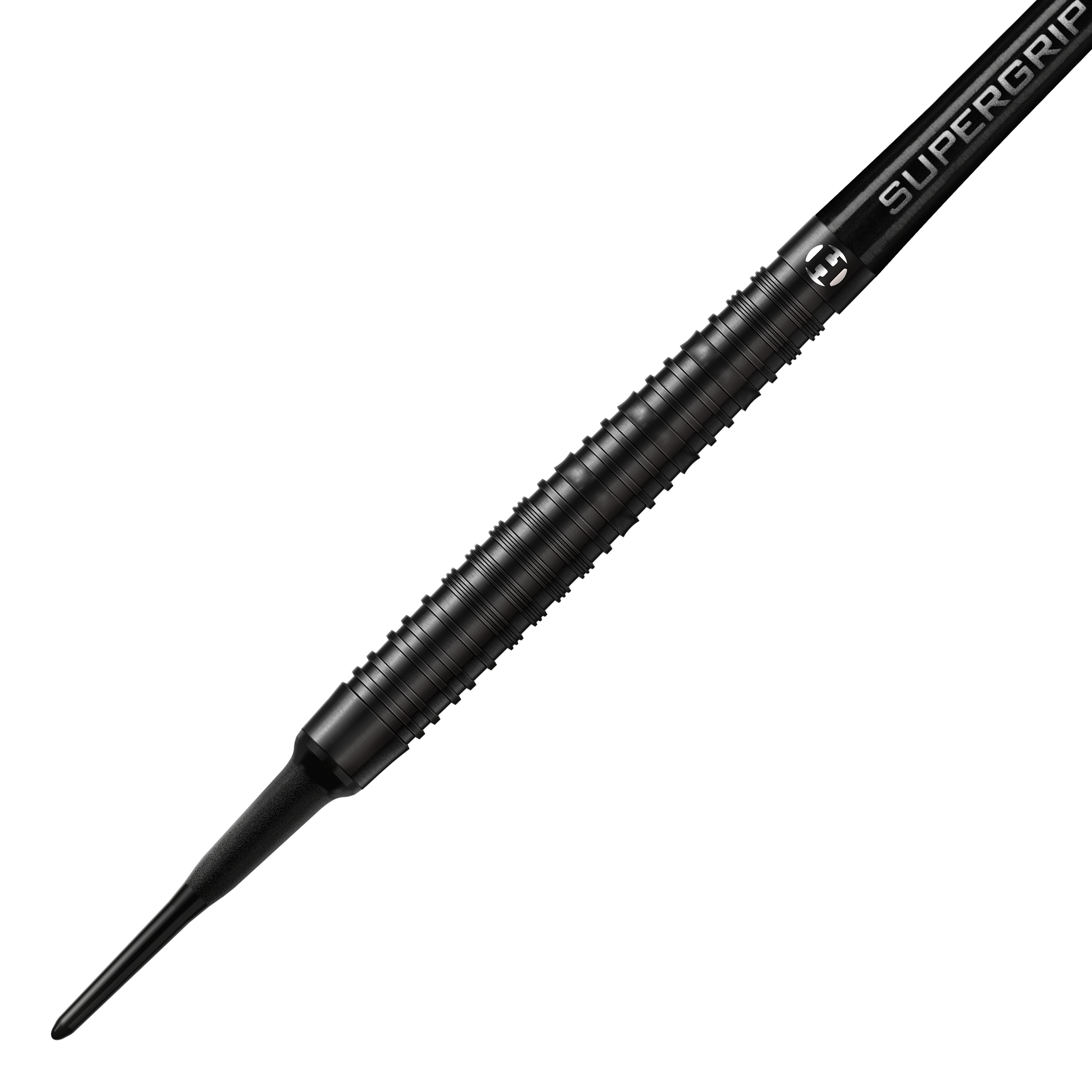 Harrows NX90 Black Edition soft darts Dieses Bild zeigt den Harrows NX90 Black-Edition Softdart. Der Dart ist komplett schwarz und hat eine geriffelte, griffige Oberfläche.