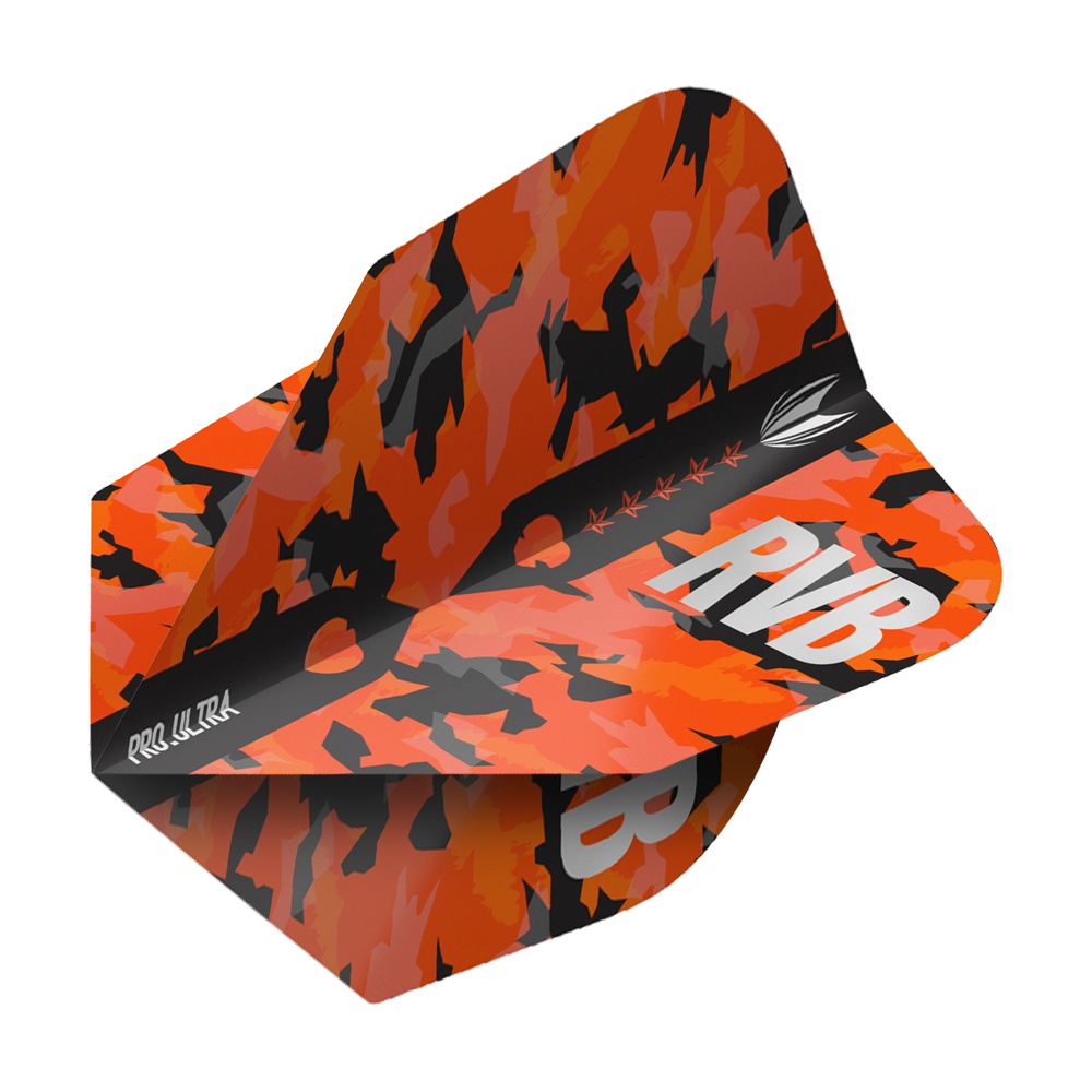 TG66_334410_Target_ProUltra_Barney_Army_Camo_Ten-X_Flights_2 Das Bild zeigt ein Dart Flight mit einem auffälligen orange-schwarzen Camouflage-Muster. Auf dem Flight stehen die Buchstaben "RVB" und das Produkt heißt "Target ProUltra Barney Army Camo Ten-X Flights".