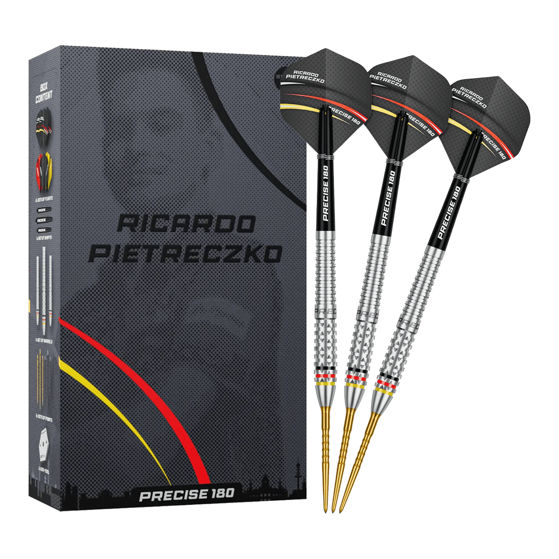 Vollansicht der Precise 180 Ricardo Pietreczko GEN1 Steeldarts. Diese Darts sind für Präzision und Kontrolle entwickelt.