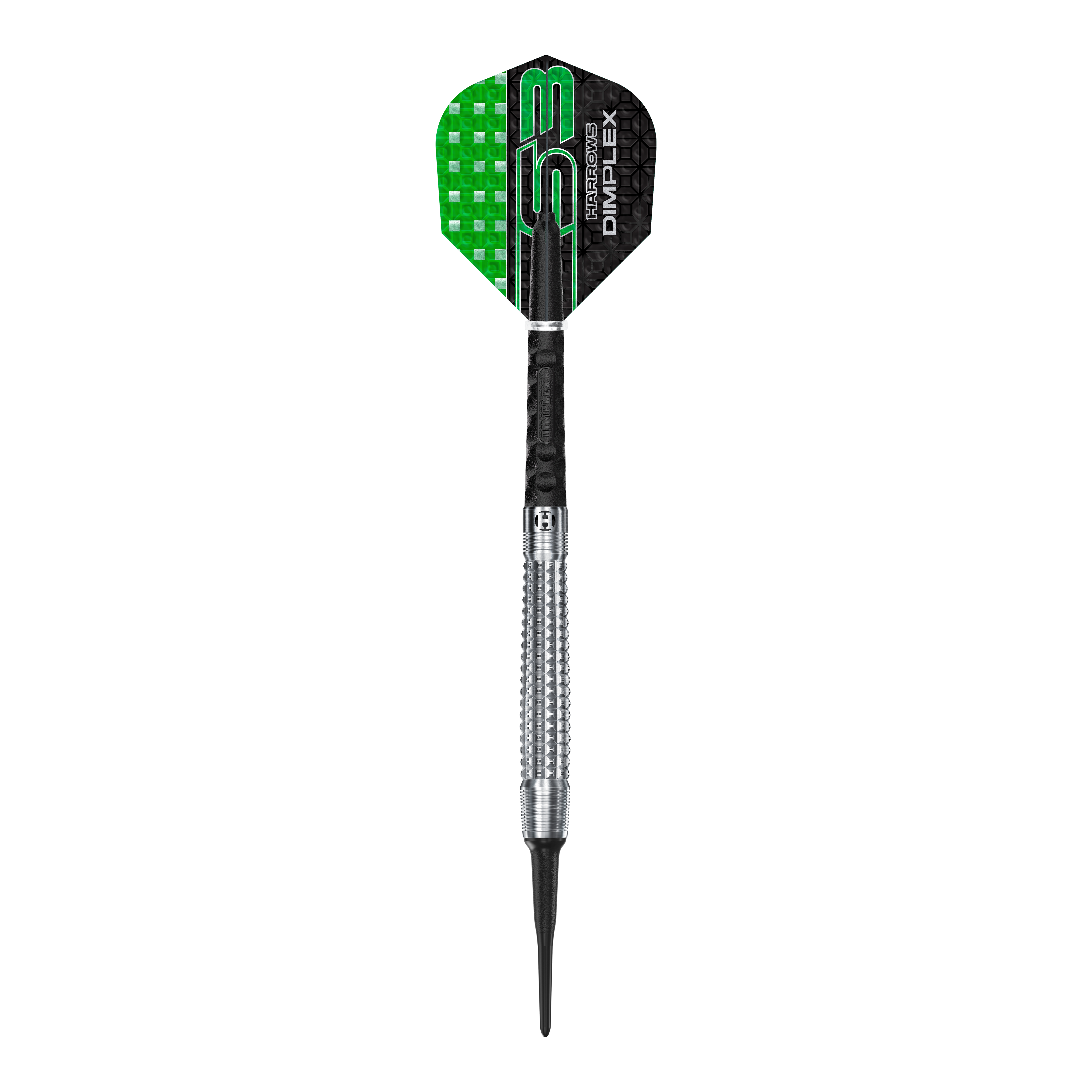 Harrows Dimplex S3 Tapered Soft Darts Ein einzelner Harrows Dimplex S3 Tapered Softdart liegt auf dem Bild. Die Details sind deutlich erkennbar.