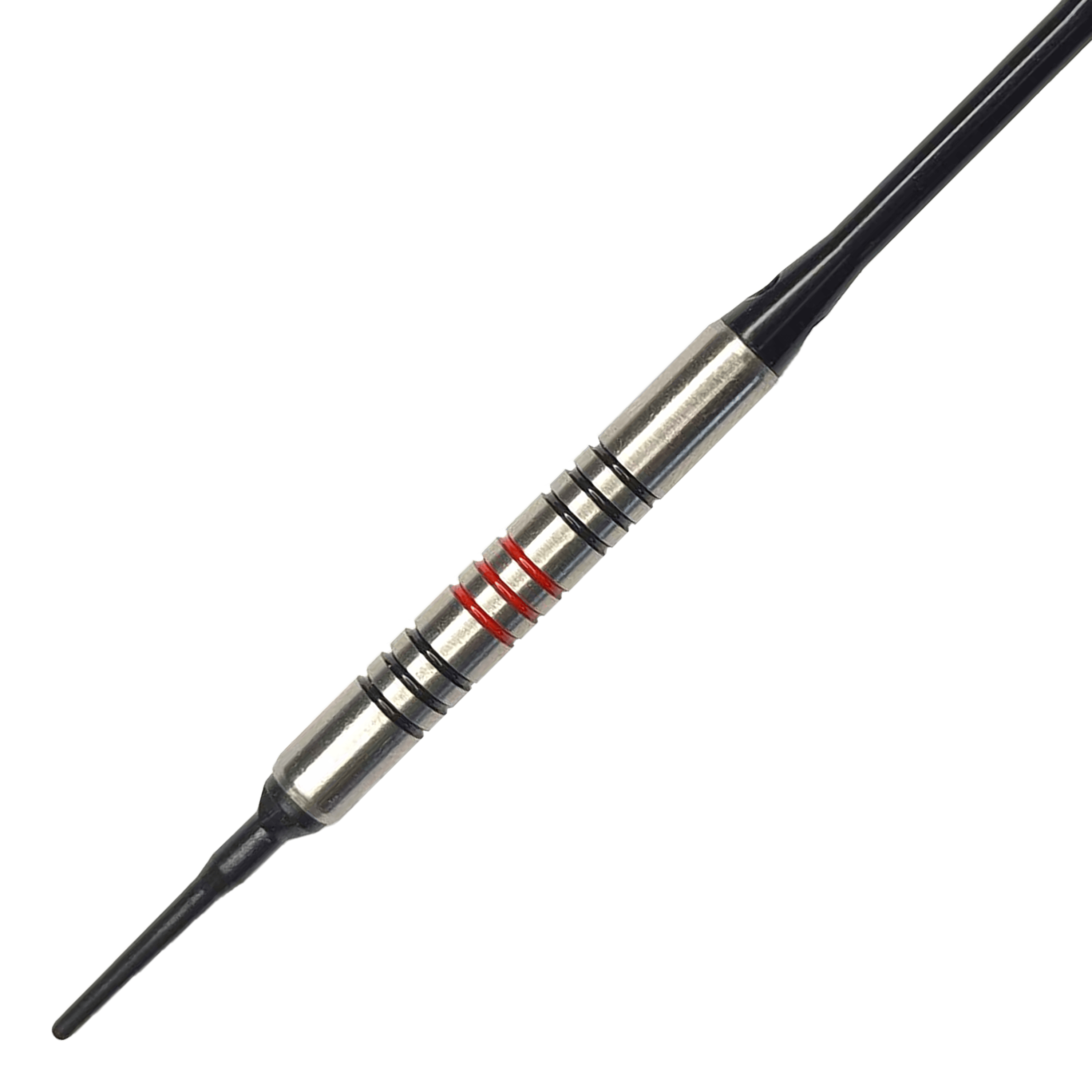 McDart 85 Tungsten V11 Soft Darts - 17.5g Dies ist ein McDart 85er Tungsten V11 Softdart mit einem Gewicht von 17,5g. Der Dart hat einen silbernen Körper mit schwarzen und roten Ringen.