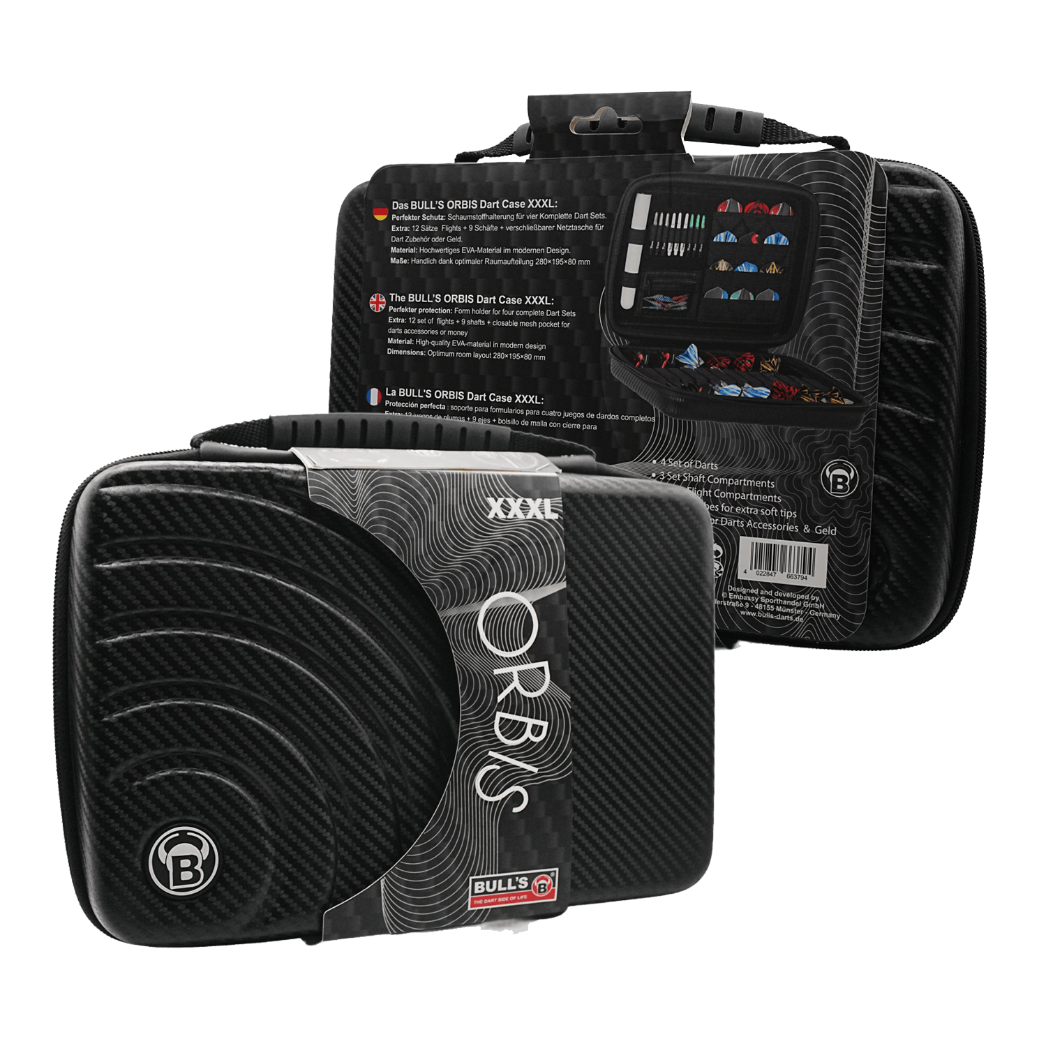 Bulls Orbis XXL dart case - carbon gray Das Bild zeigt das Produkt "Bulls Orbis XXL Dartcase - Carbongrey" in schwarzer Carbon-Optik. Das Dartcase ist groß und bietet Platz für mehrere Dart-Sets und Zubehör.