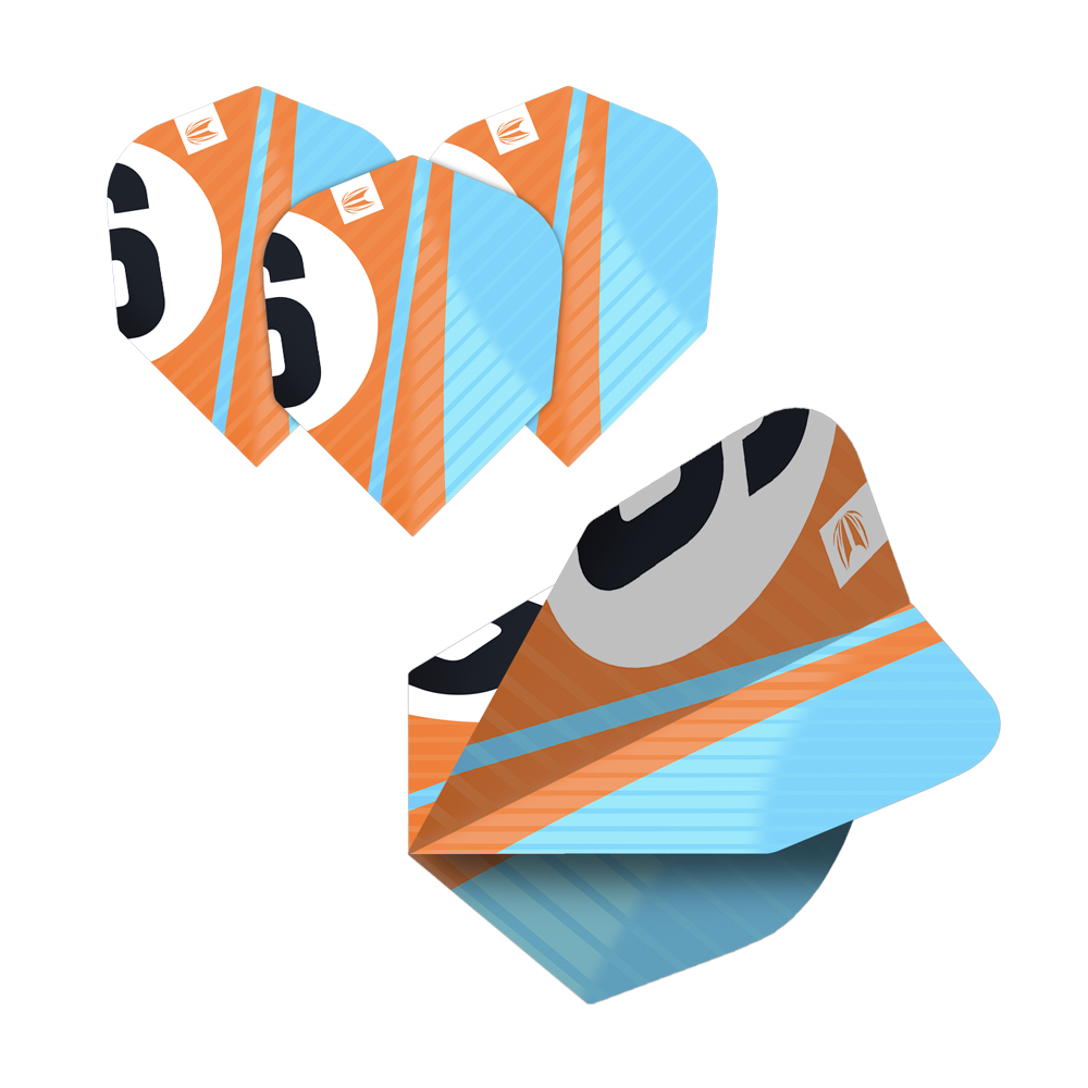 337205_Target_ProUltra_5Sets_Multipack_Chicane_No6_Flights_46UCBGGQv95ObI Das Bild zeigt die Target Pro Ultra Chicane Multipack No6 Flights, bestehend aus 5 Sets. Die Flights sind in den Farben Orange, Blau und Weiß gestaltet und tragen die Nummer 6.