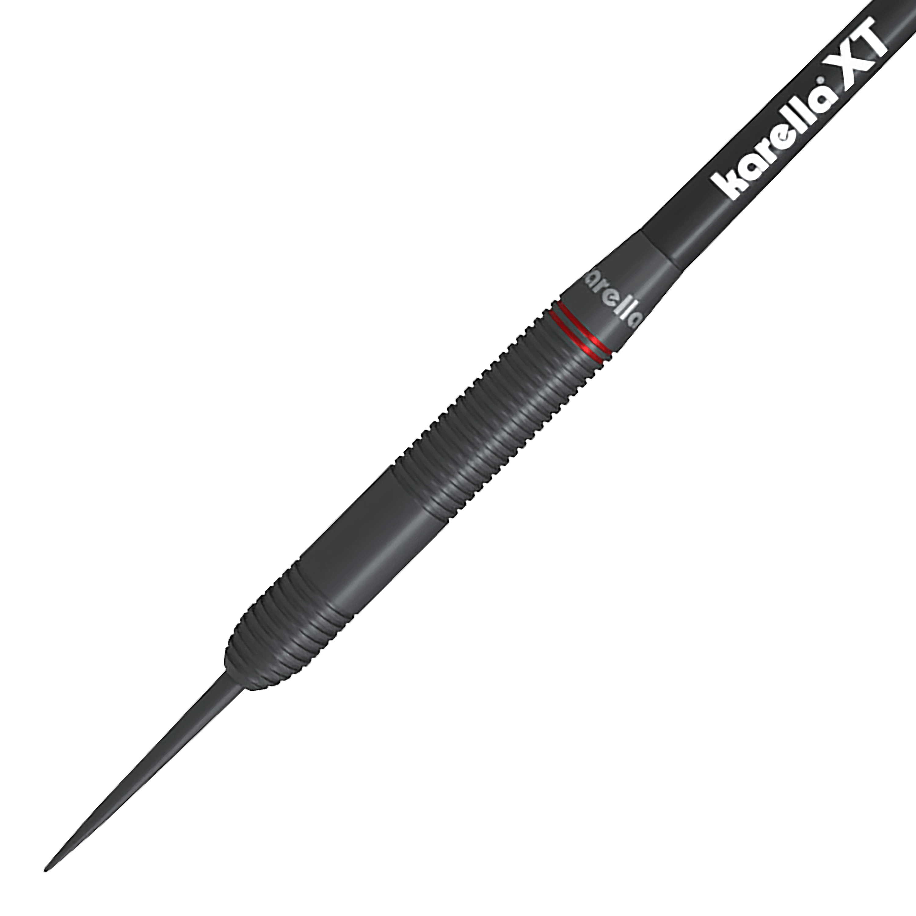 Karella Daniel Klose steel darts Das Bild zeigt einen Karella Daniel Klose Steeldartpfeil. Der Dart ist schwarz mit einem geriffelten Griffbereich und einem roten Ring.