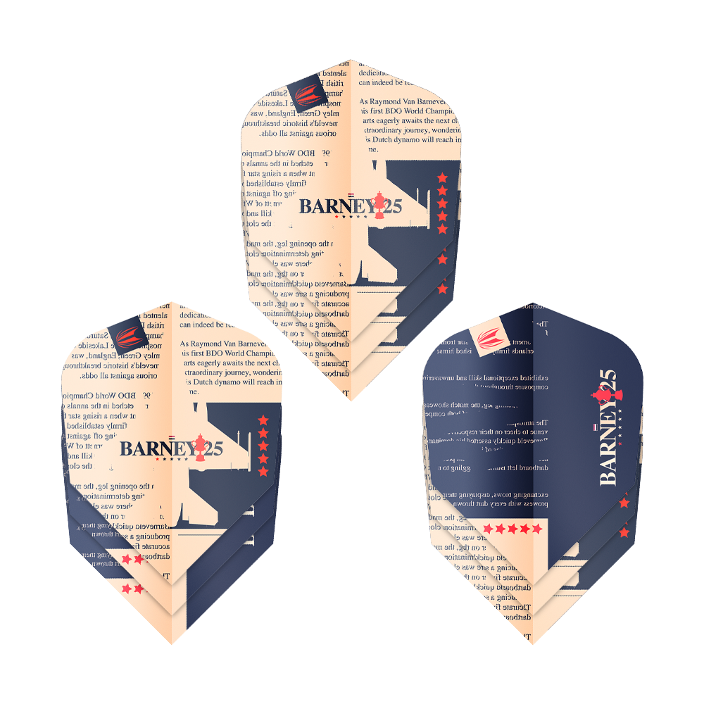 Target ProUltra Raymond Van Barneveld Barney25 Ten-X Flights Das Bild zeigt drei Dart-Flights mit dem Design „BARNEY25“ und Sternen. Sie sind in den Farben Dunkelblau und Beige gehalten und tragen Text sowie ein Logo.