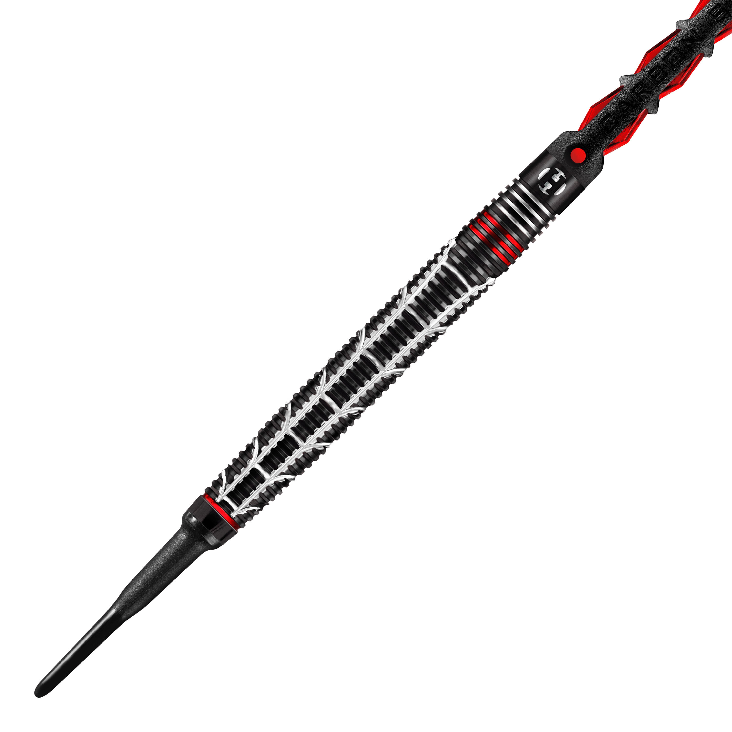 Harrows Atrax Softdarts Auf dem Bild ist ein Softdart-Pfeil mit einem auffällig gemusterten, schwarzen Griff zu sehen. Der Dart hat silberne und rote Akzente, die ihm ein modernes und sportliches Aussehen verleihen.