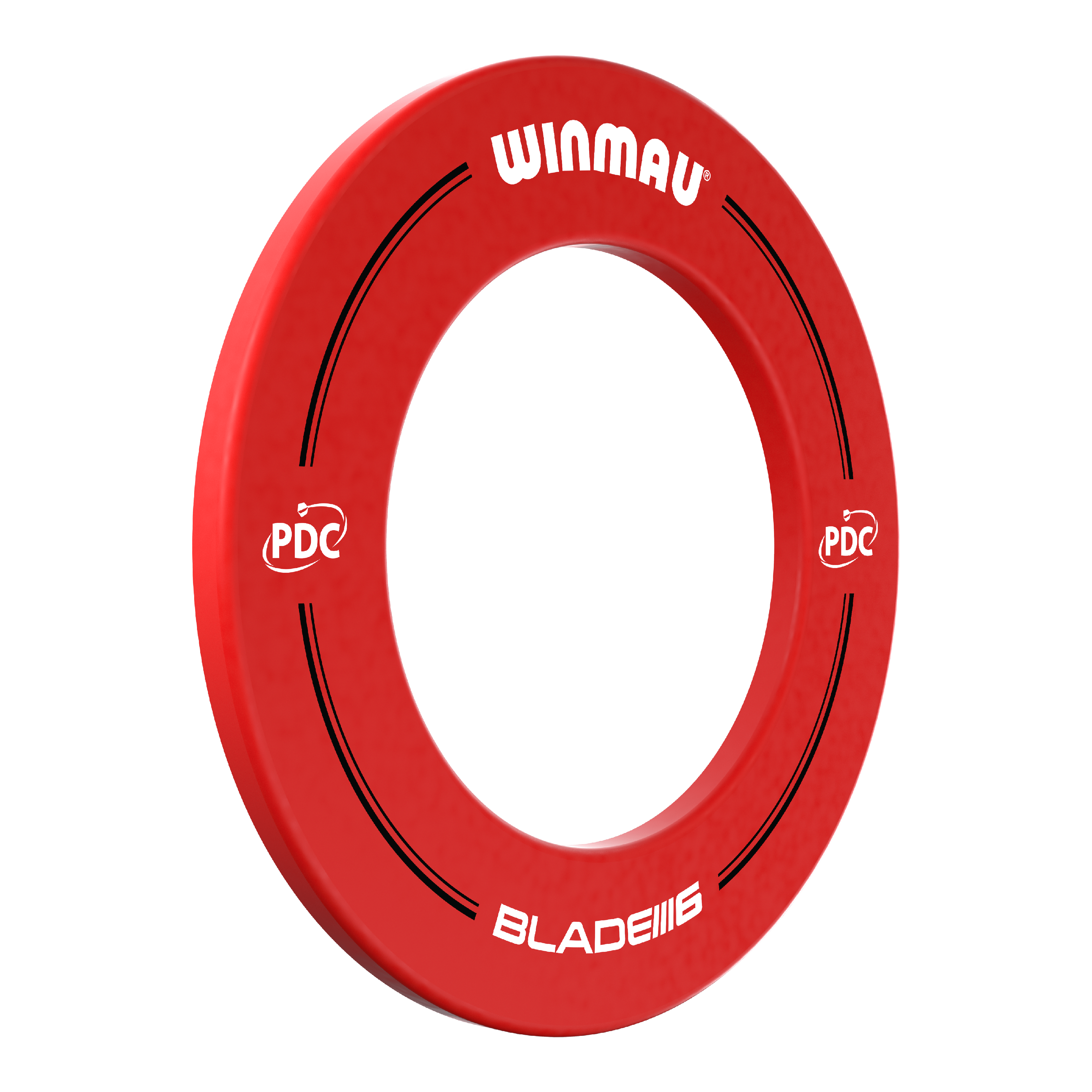 Winmau PDC Dartboard Surround - Red Das Bild zeigt einen roten Dartboard-Surround von Winmau mit der Aufschrift „PDC“ und „BLADE 6“. Der Surround dient dazu, die Wand rund um ein Dartboard vor abprallenden Pfeilen zu schützen.