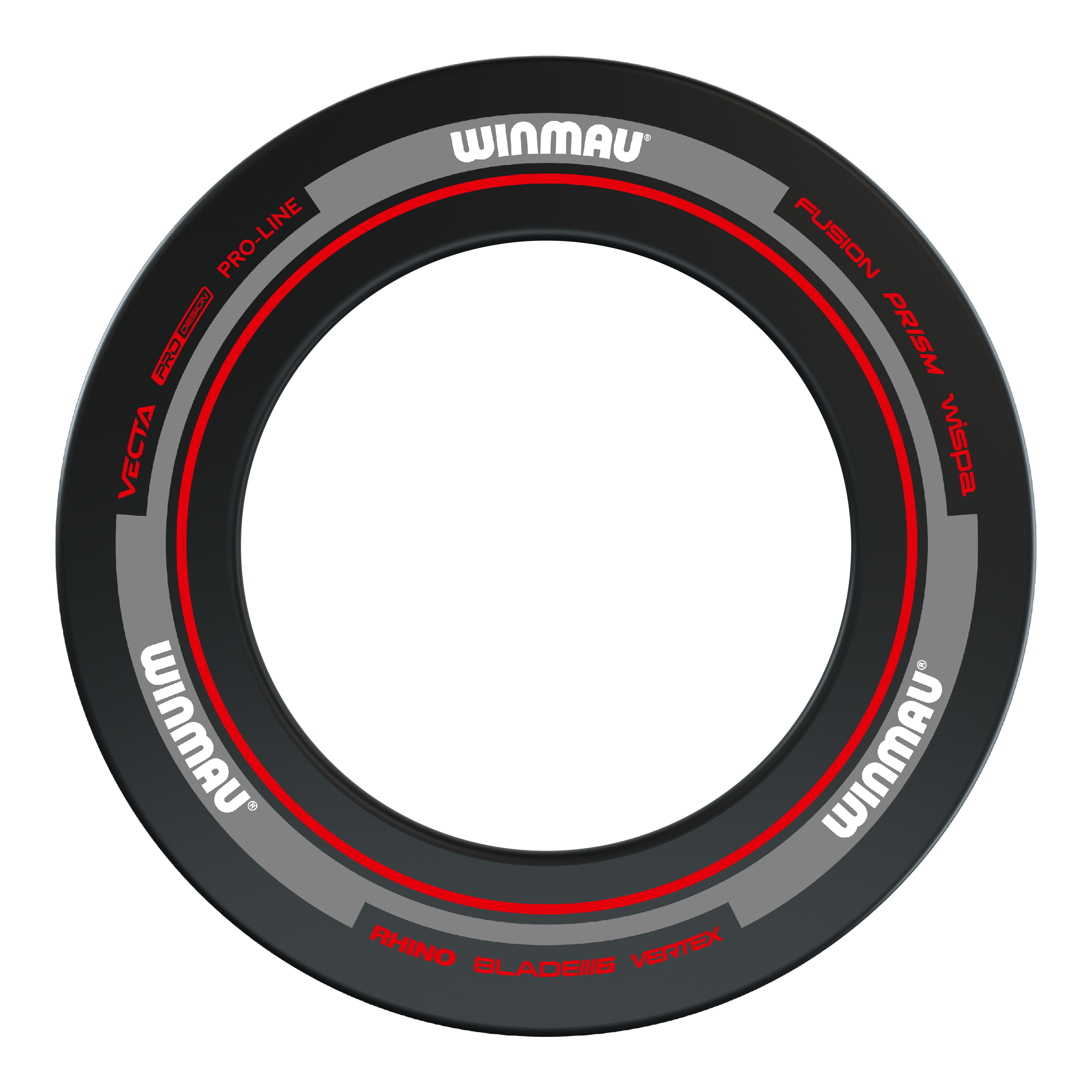 Winmau Advance Dartboard Surround - Black Red Das Bild zeigt das Winmau Advance Dartboard Surround in Schwarz und Rot. Der Ring ist mit verschiedenen Markierungen und dem Winmau-Logo versehen.