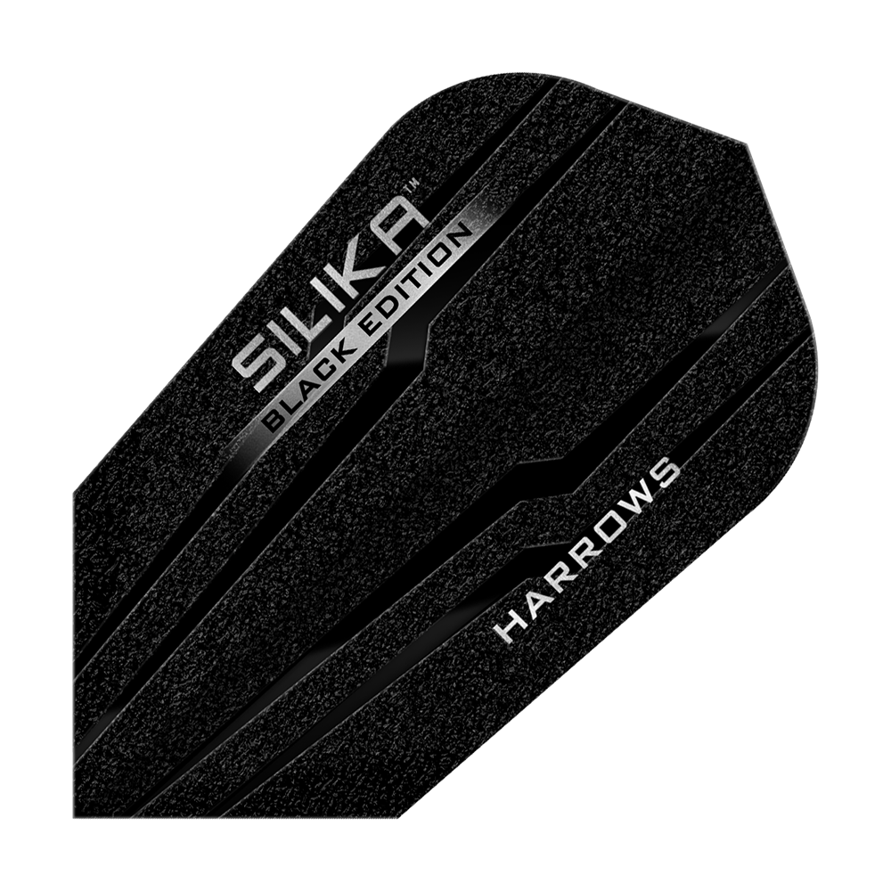 Harrows Silika Black Edition Slim Flights Das Bild zeigt das Produkt "Harrows Silika Black-Edition Slim Flights". Die Dart-Flights sind schwarz mit silbernen Schriftzügen und einem modernen Design.