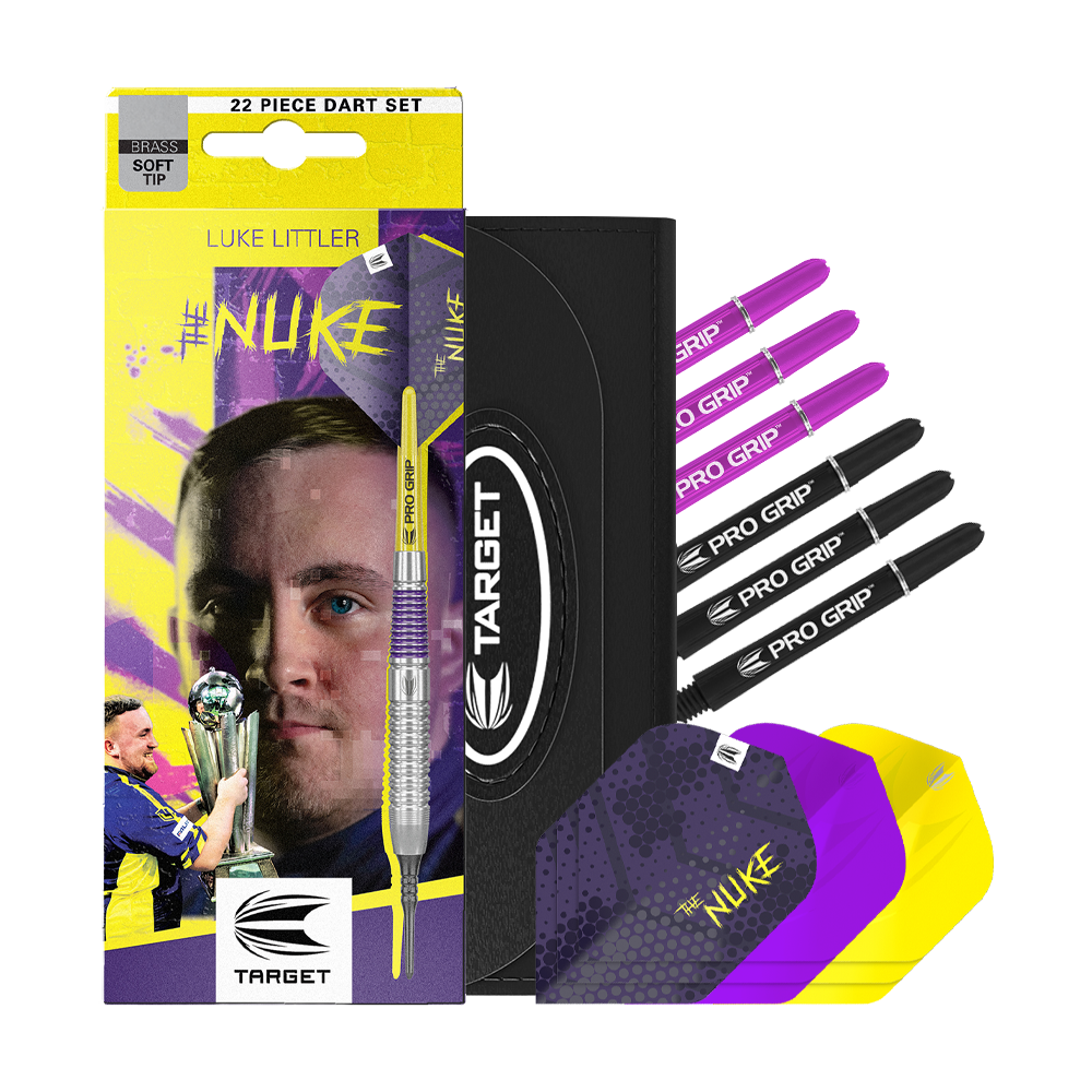 Das Bild zeigt die Target Luke Littler Brass Softdarts - 19g. Die Darts eignen sich zum Spielen auf elektronischen Dartboards.