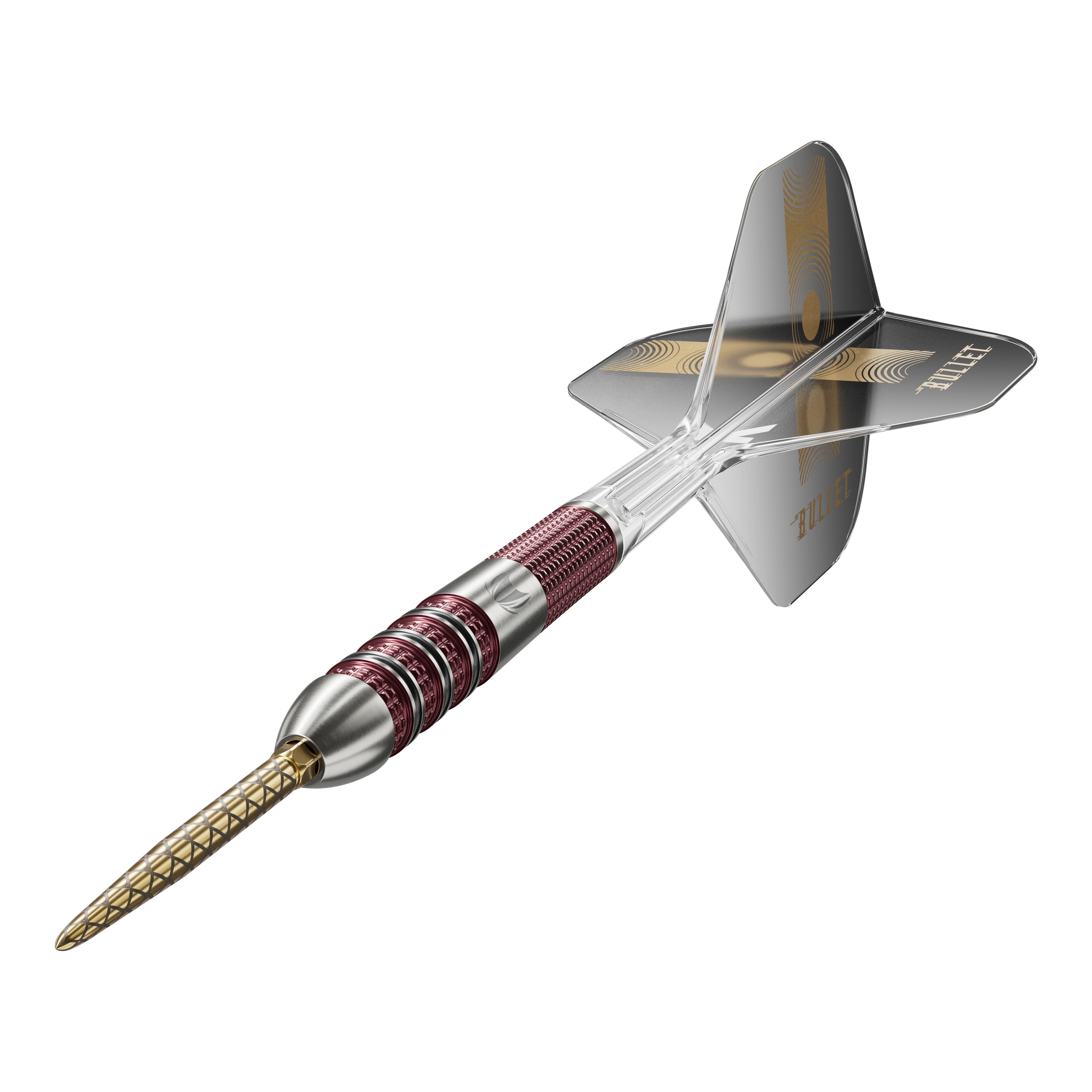 Target Stephen Bunting 95K Swiss Point Steel Darts Das Bild zeigt einen Target Stephen Bunting 95K Swiss Point Steeldart. Der Dartpfeil hat einen metallic-roten Griff, eine goldene Spitze und schwarze Flights mit dem Schriftzug "BULLET".