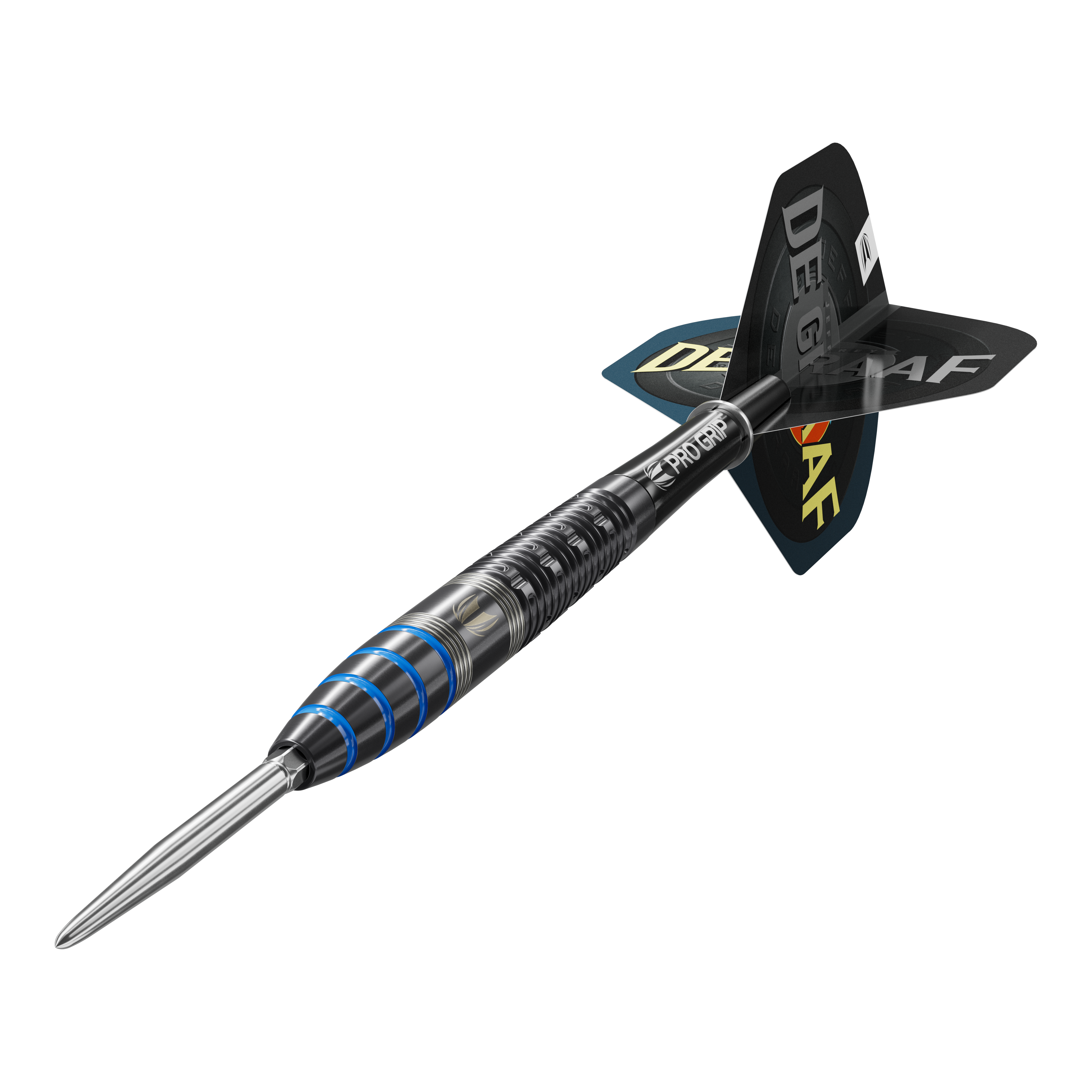 Target Jeffrey De Graaf GEN1 Swiss Point Steeldarts - 23g Das Bild zeigt einen Target Jeffrey De Graaf GEN1 Swiss Point Steeldart mit einem Gewicht von 23 Gramm. Der Dart hat ein schwarzes Design mit blauen Akzenten und der Aufschrift "DE GRAAF" auf den Flights.