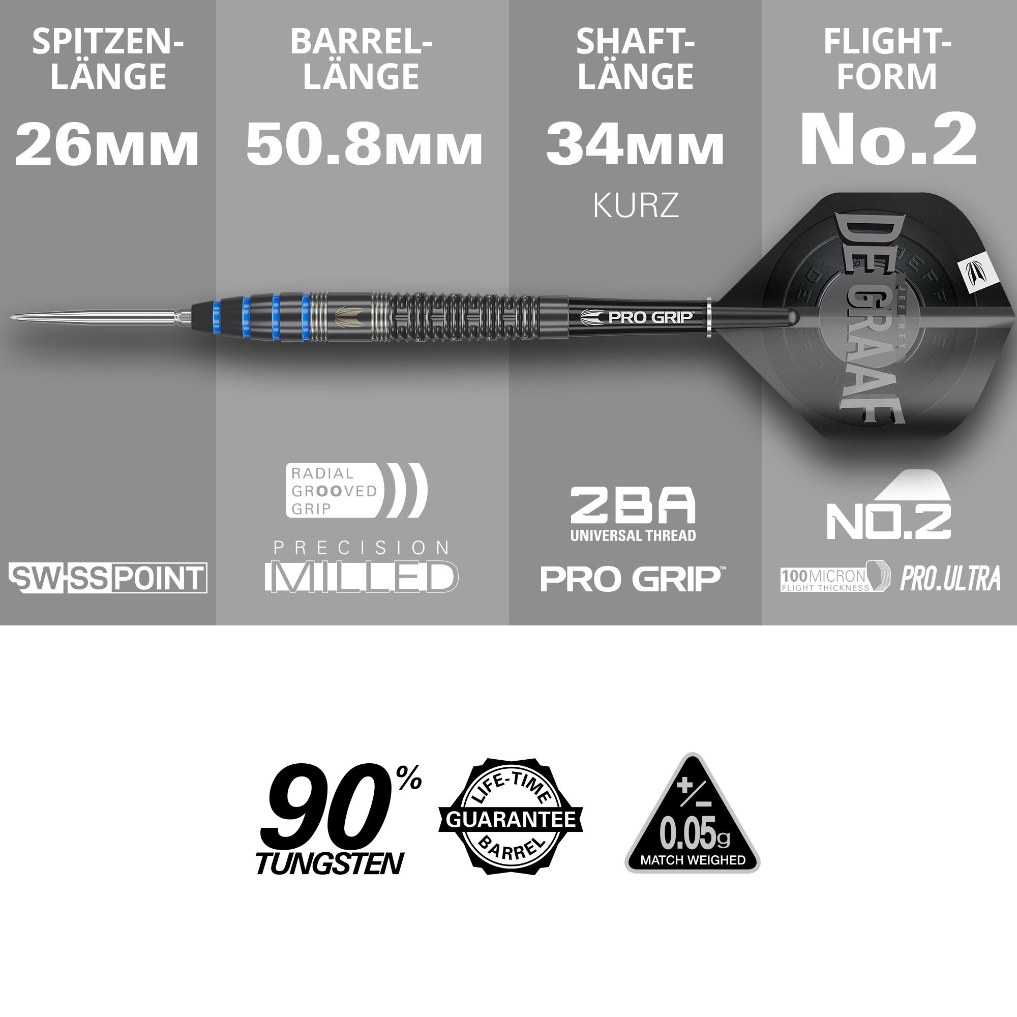 Target Jeffrey De Graaf GEN1 Swiss Point Steeldarts - 23g Das Bild zeigt den Steeldart "Target Jeffrey De Graaf GEN1 Swiss Point" mit 23g Gewicht. Die wichtigsten Merkmale sind eine Spitzenlänge von 26 mm, eine Barrelinglänge von 50,8 mm, eine Schaftlänge von 34 mm sowie Flights in der Form No.2.