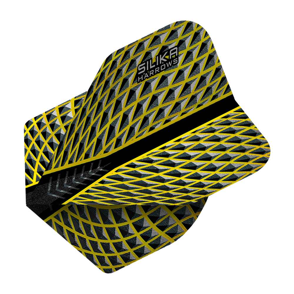 HR88_Harrows_Silika_Yellow_No2_Standard_Flights_2 Das Bild zeigt das Produkt "Harrows Silika Yellow No2 Standard Flights". Das Flight hat ein auffälliges gelb-schwarzes Rautenmuster und trägt den Schriftzug "Silika Harrows".