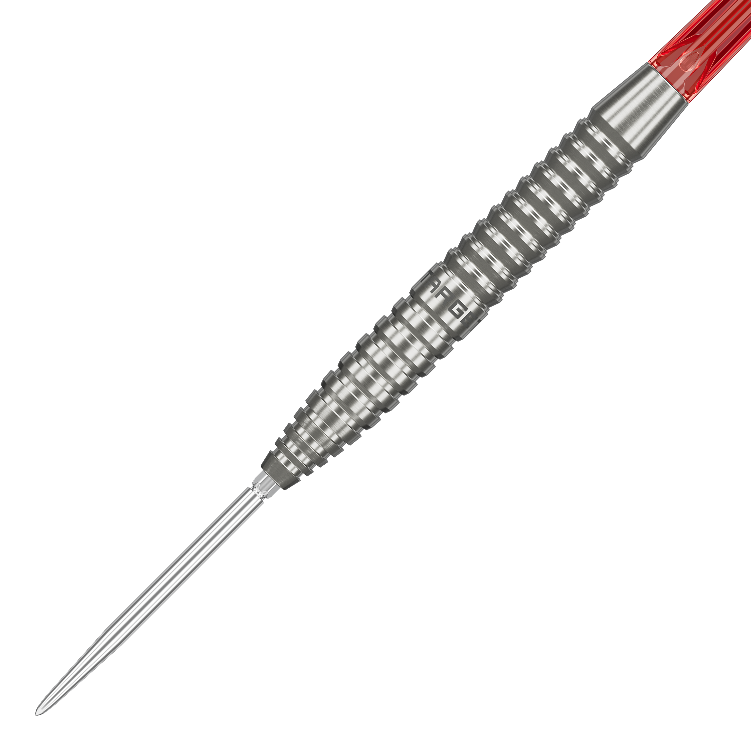 Target Group O 02 Swiss Points Steel Darts Das Bild zeigt das Target Group O 02 Swiss Points Steeldarts Set. Die Schäfte und Spitzen sind gut zu sehen.