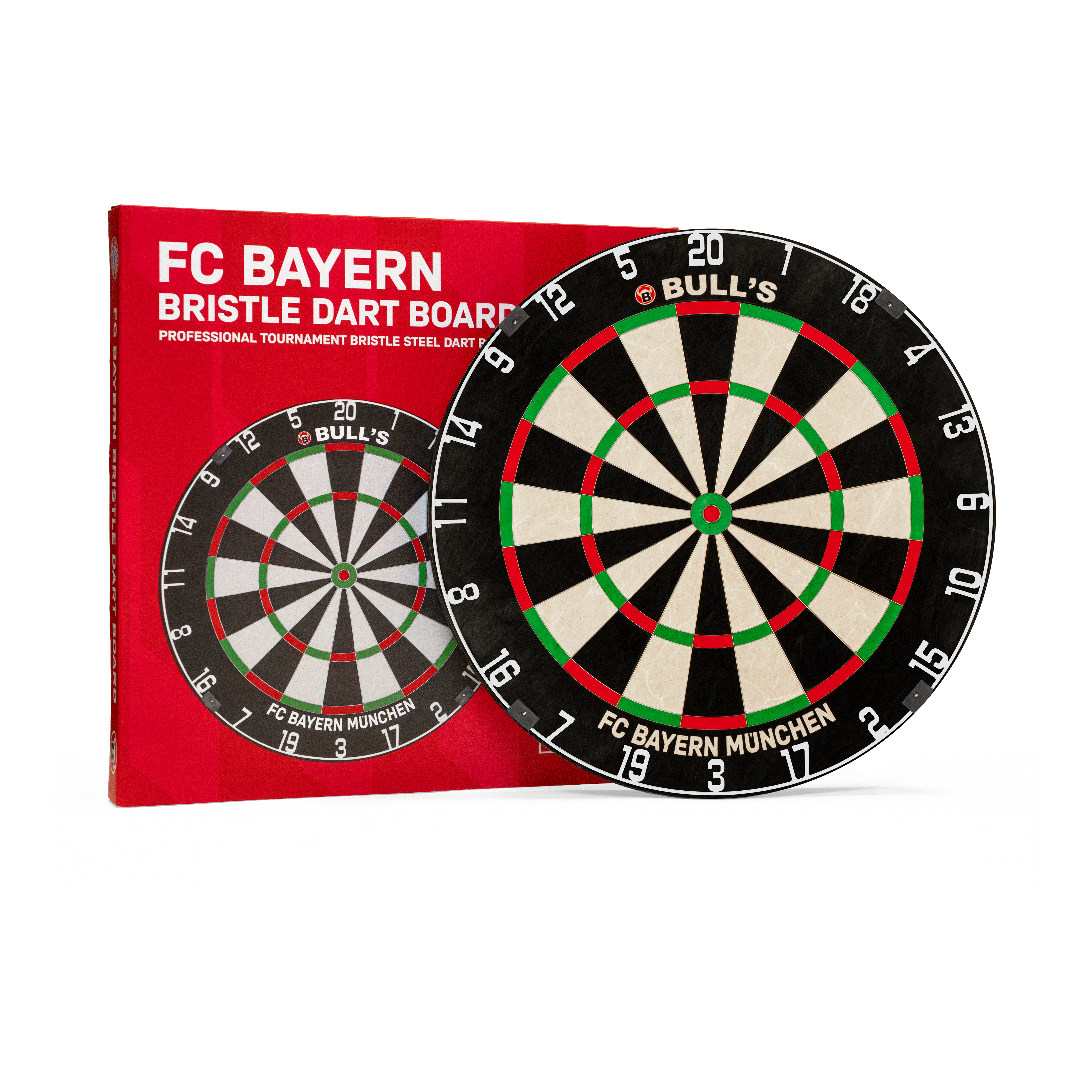 Bulls FC Bayern Munich Bristle steel dartboard Das Bild präsentiert das Bulls FC Bayern München Bristle Steeldartboard. Es handelt sich um ein Steeldartboard mit FC Bayern München Logo.