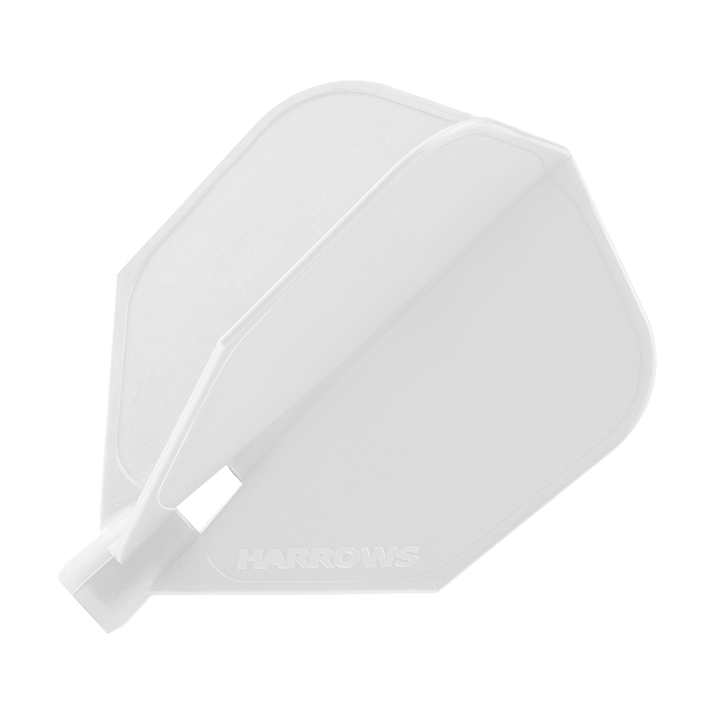 HRC-110_Harrows_Clic_Standard_Flight_White_1YUiNorWiGh06T Das Bild zeigt ein weißes Dartflugblatt mit der Aufschrift "Harrows". Es handelt sich um das Modell "Harrows Clic Standard Flights - White".