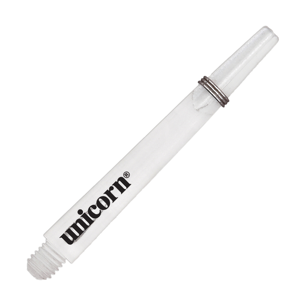 Unicorn Gripper 3 Mirage Shafts - Clear - 44.2 mm Das Bild zeigt einen klaren Unicorn Gripper 3 Mirage Shaft mit einer Länge von 44,2 mm. Auf dem Schaft ist das Wort "unicorn" aufgedruckt.