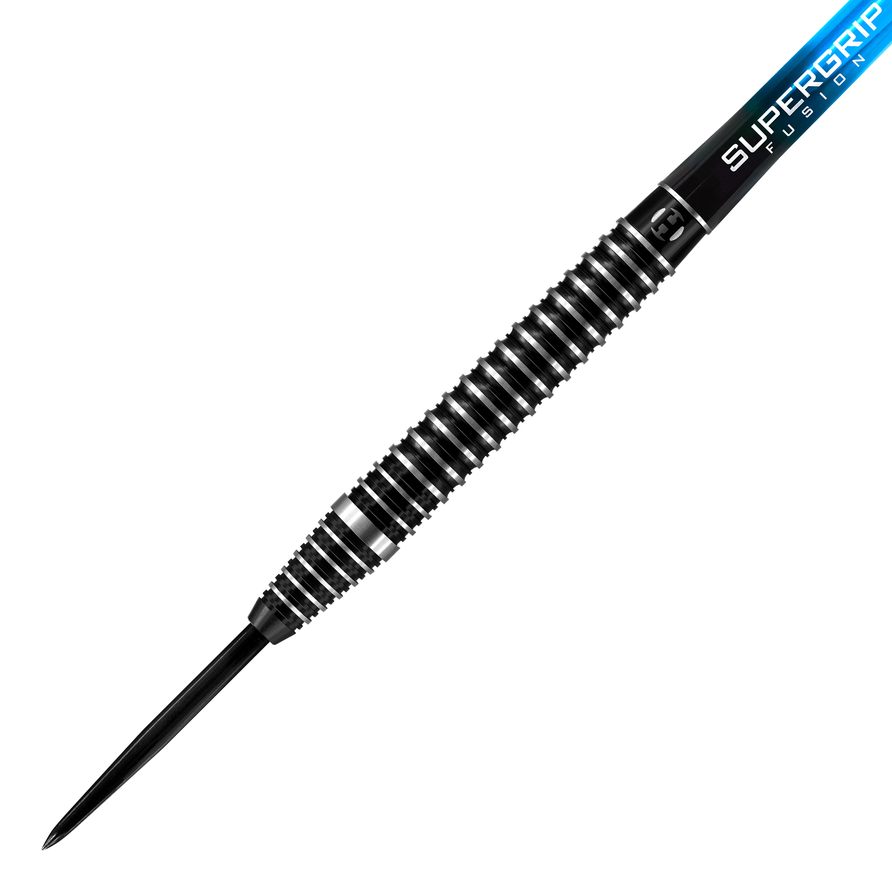 Harrows Siege Steeldarts Das Bild zeigt einen Harrows Siege Steeldart mit schwarzer und silberner Riffelung. Am Schaft steht "Supergrip Fusion" in blauer und weißer Schrift.