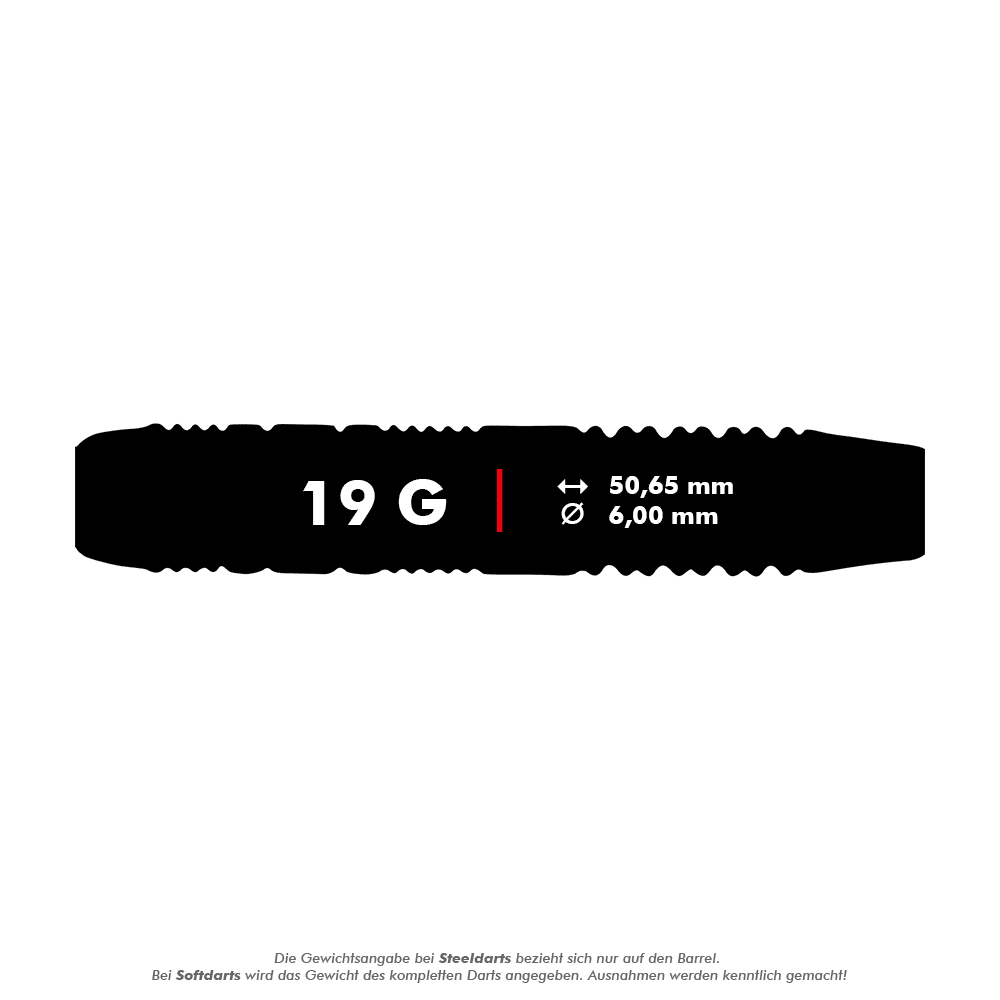 Das Bild zeigt die Produktdetails der "Unicorn Core Plus Rubberised Pink Softdarts - 19g". Die Darts wiegen 19 Gramm und haben eine Länge von 50,65 mm sowie einen Durchmesser von 6,00 mm.