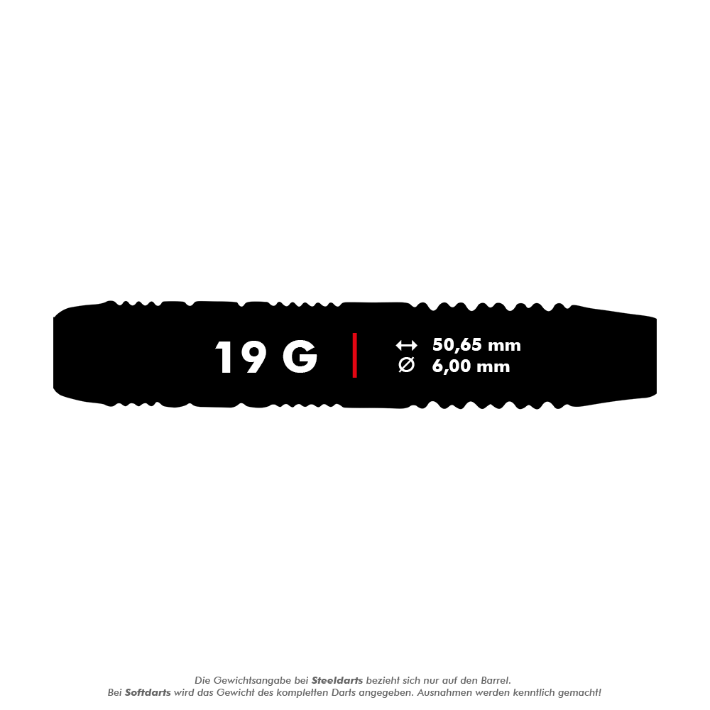 Unicorn Core Plus Rubberised Pink Softdarts - 19g Das Bild zeigt die Produktdetails der "Unicorn Core Plus Rubberised Pink Softdarts - 19g". Die Darts wiegen 19 Gramm und haben eine Länge von 50,65 mm sowie einen Durchmesser von 6,00 mm.