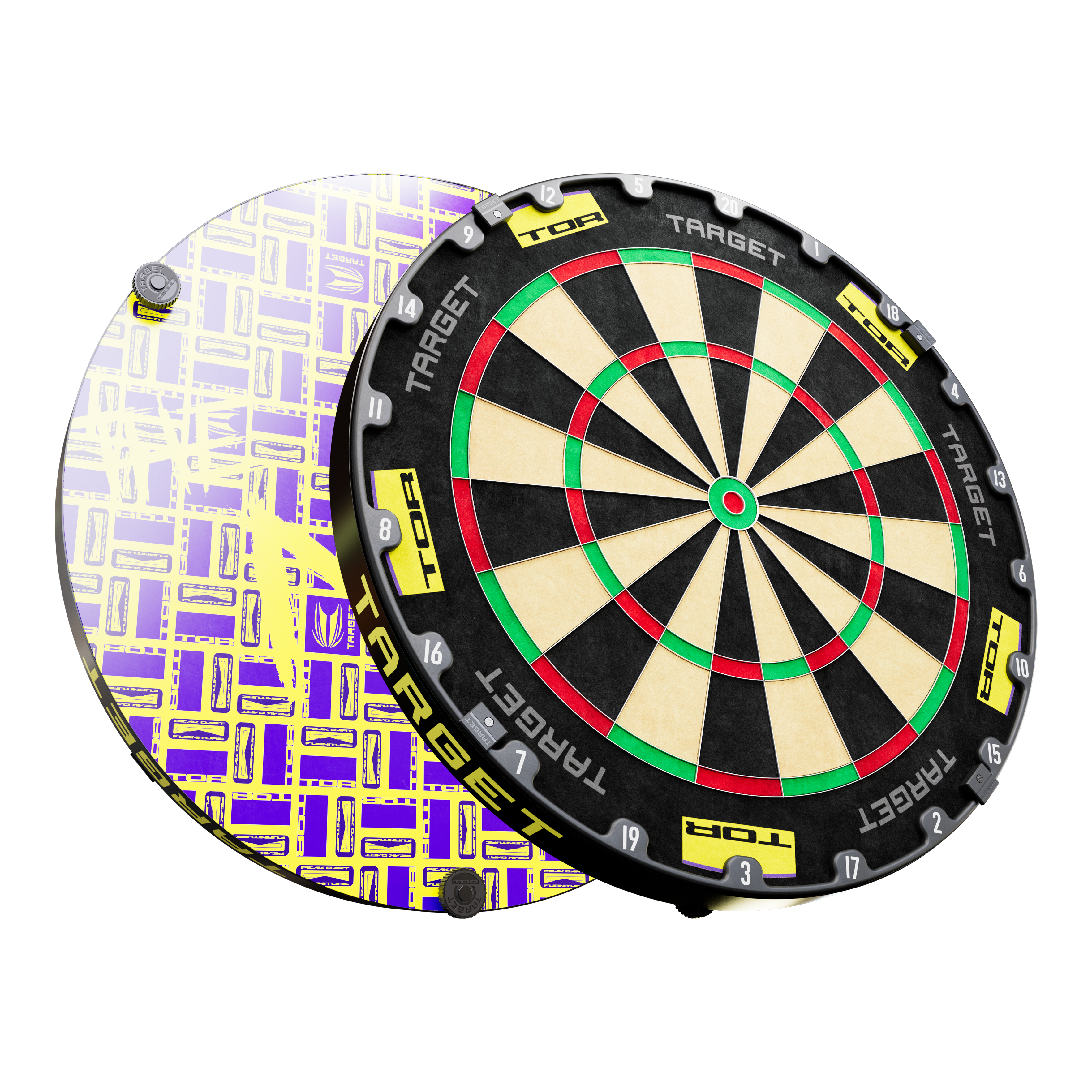 Target Luke Littler World Champion 2025 Surround Goal Steel Dartboard Bundle Auf dem Bild ist ein Steeldartboard-Bundle mit einer schwarzen und gelben Umrandung zu sehen. Im Hintergrund erkennt man eine auffällige, lila-gelbe Motivscheibe mit grafischem Muster.