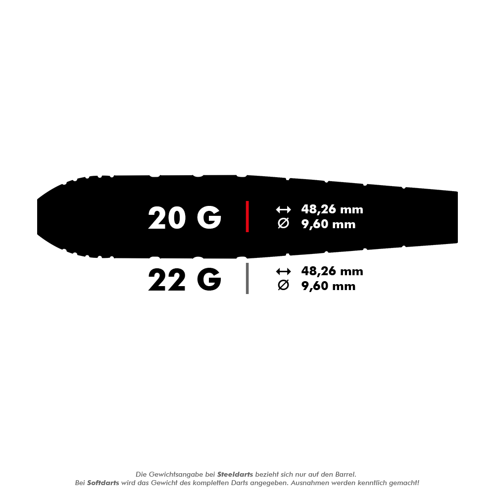 Red Dragon Luke Humphries World Champion Brass Steel Darts Das Bild zeigt die technischen Daten von Steeldarts mit 20 Gramm und 22 Gramm Gewicht. Beide Varianten haben eine Länge von 48,26 mm und einen Durchmesser von 9,60 mm.