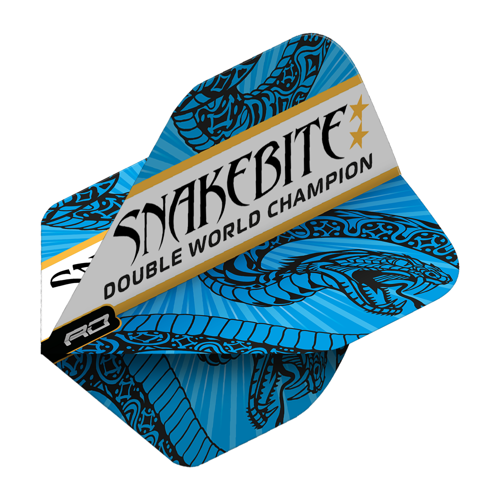 TF6705_Red_Dragon_Hardcore_Snakebite_Double_World_Champion_BlueWhite_Standard_Flights_2xGGfmuXAptPmf Das Bild zeigt ein Dart-Flight mit blau-weißem Schlangenmuster. Auf dem Flight steht "Snakebite Double World Champion".