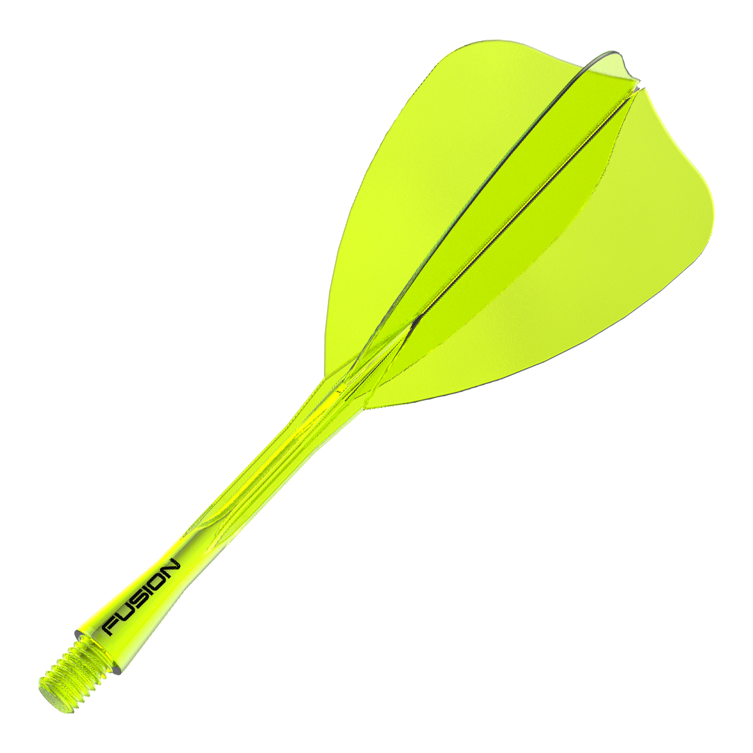 Das Bild zeigt ein Winmau Fusion Flight Shaft System in Neon-Gelb mit einer Länge von 34mm. Es ist ein Zubehörteil für Darts-Spieler und dient als Schaft für Dartpfeile.