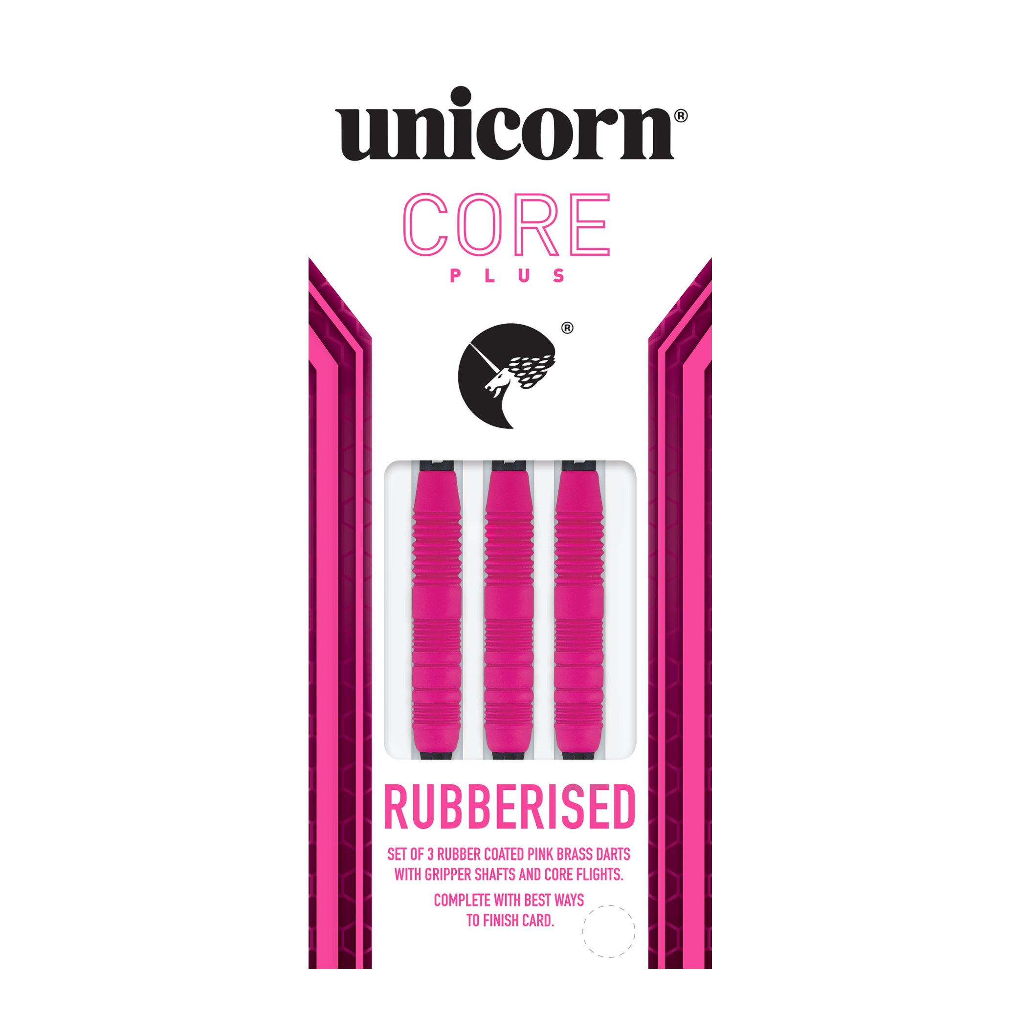 Das Bild zeigt eine Packung der "Unicorn Core Plus Rubberised Pink Softdarts - 19g". In der Verpackung befinden sich drei pinke, gummierte Softdarts.