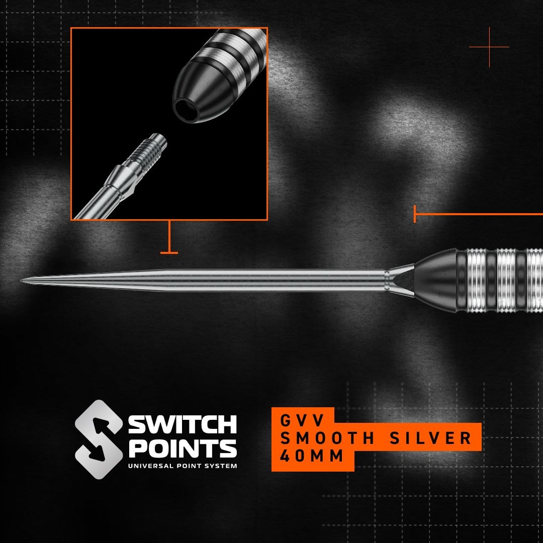 Winmau Gian Van Veen TS Switch Point steel darts Zu sehen ist Winmau Gian Van Veen TS Switch Point Steeldarts. Die Darts liegen nebeneinander auf einer hellen Fläche.