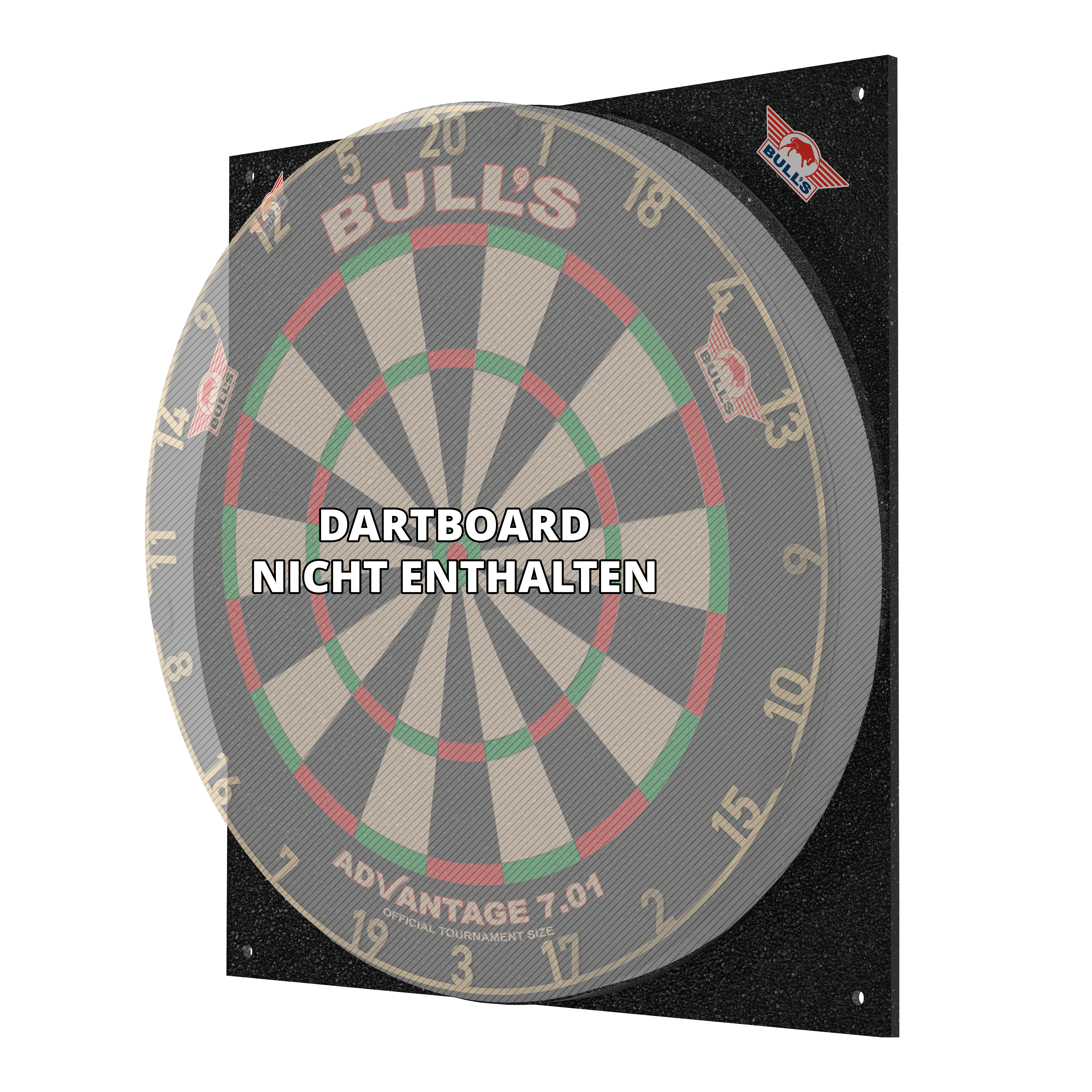 Das Bild zeigt den Bulls NL Dartboard Silencer, ein schallreduzierendes Board für Dartspiele. Auf dem Bild steht, dass das Dartboard nicht enthalten ist.