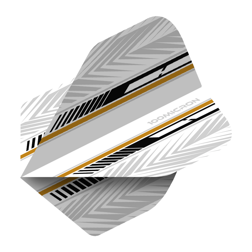 Pentathlon Flights white/black/gold Das Bild zeigt ein Dartflight mit einem modernen Design in Weiß, Schwarz und Gold. Die Oberfläche ist mit geometrischen Mustern und Streifen verziert.