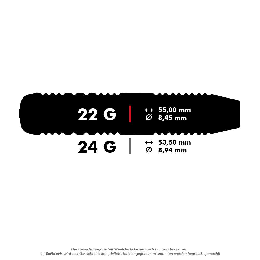 Das Bild zeigt die Maße und das Gewicht von zwei Dartpfeilen. Der 22-Gramm-Dart ist 55,00 mm lang und hat einen Durchmesser von 8,45 mm, während der 24-Gramm-Dart 53,50 mm lang und 8,94 mm dick ist.