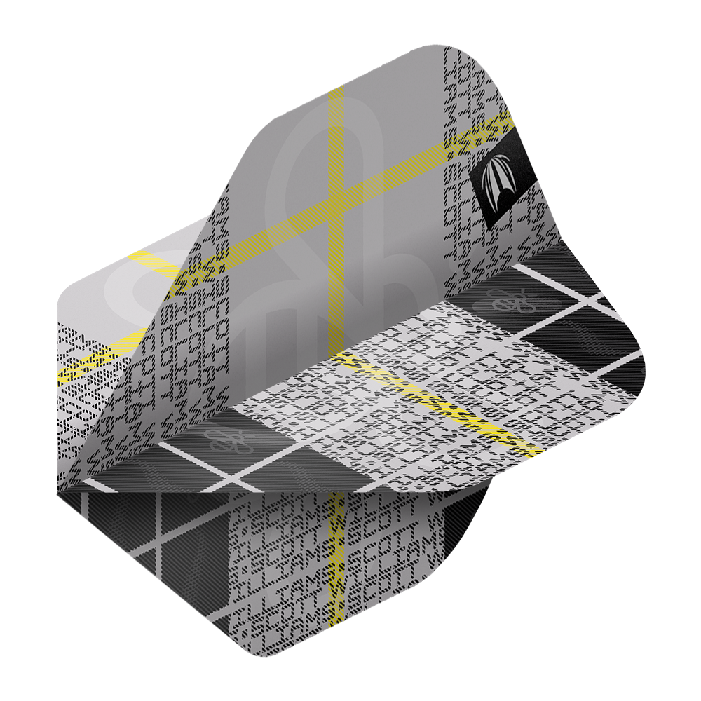 Das Bild zeigt ein Dartflight aus der Serie "Target Pro Ultra Scott Williams GEN2 No2 Standard Flights". Das Design ist in Schwarz, Weiß und Grau mit gelben Linien und einem modernen Muster gehalten.