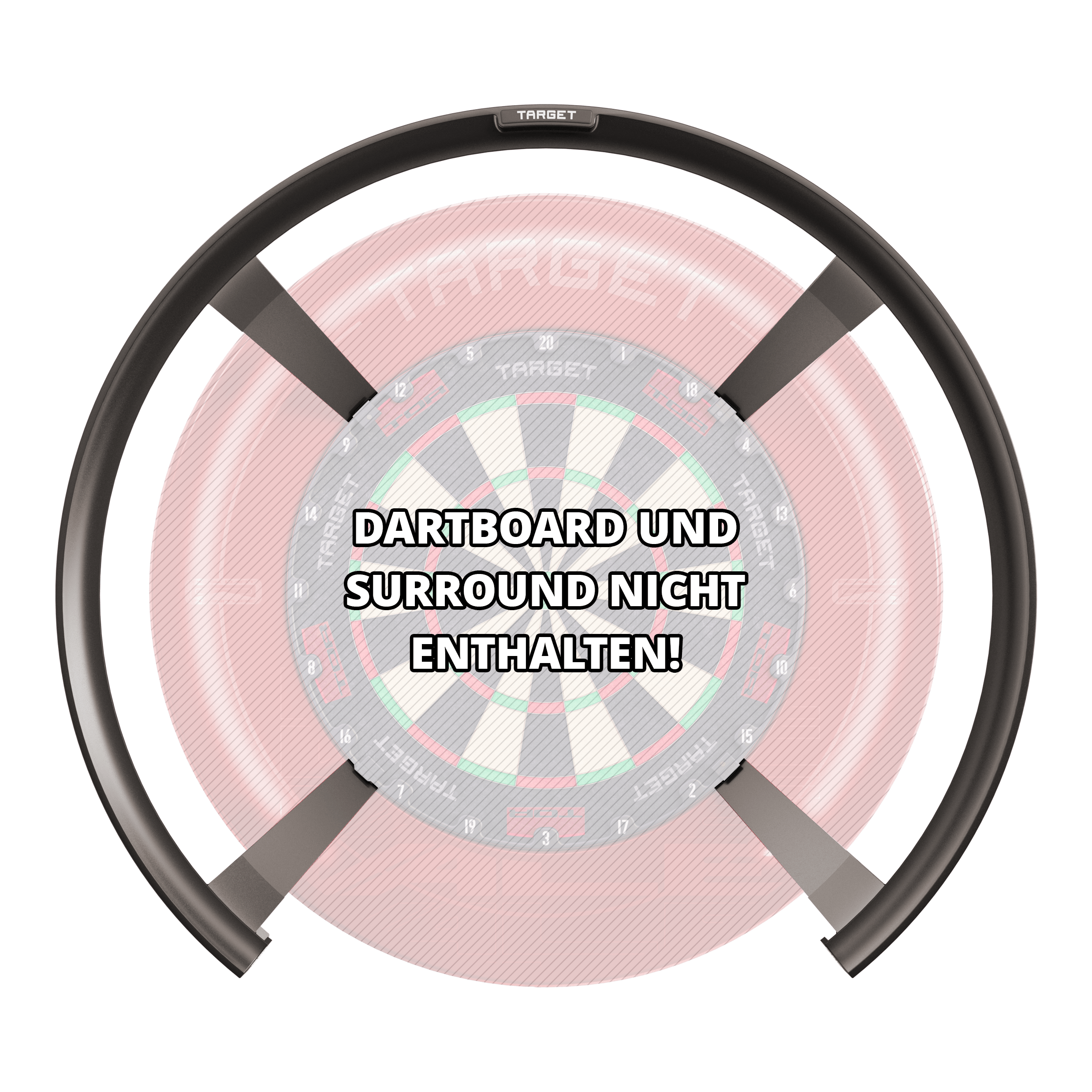 Target OMNI auto-scoring system Das Bild zeigt das Produkt "Target OMNI Auto-Scoring-System" vor einem Dartboard. In der Mitte steht der Hinweis: "DARTBOARD UND SURROUND NICHT ENTHALTEN!"