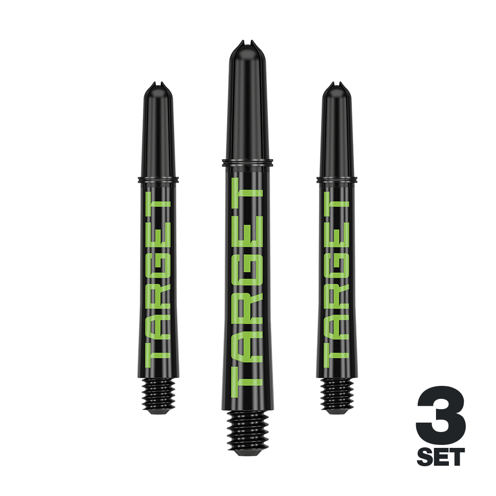 Target Pro Grip TAG Shafts - 3 Sets - Black Green Ein komplettes Set Dart-Schäfte mit kräftigen Farben ist dargestellt. Die Schäfte sind auf gleichem Abstand angeordnet.
