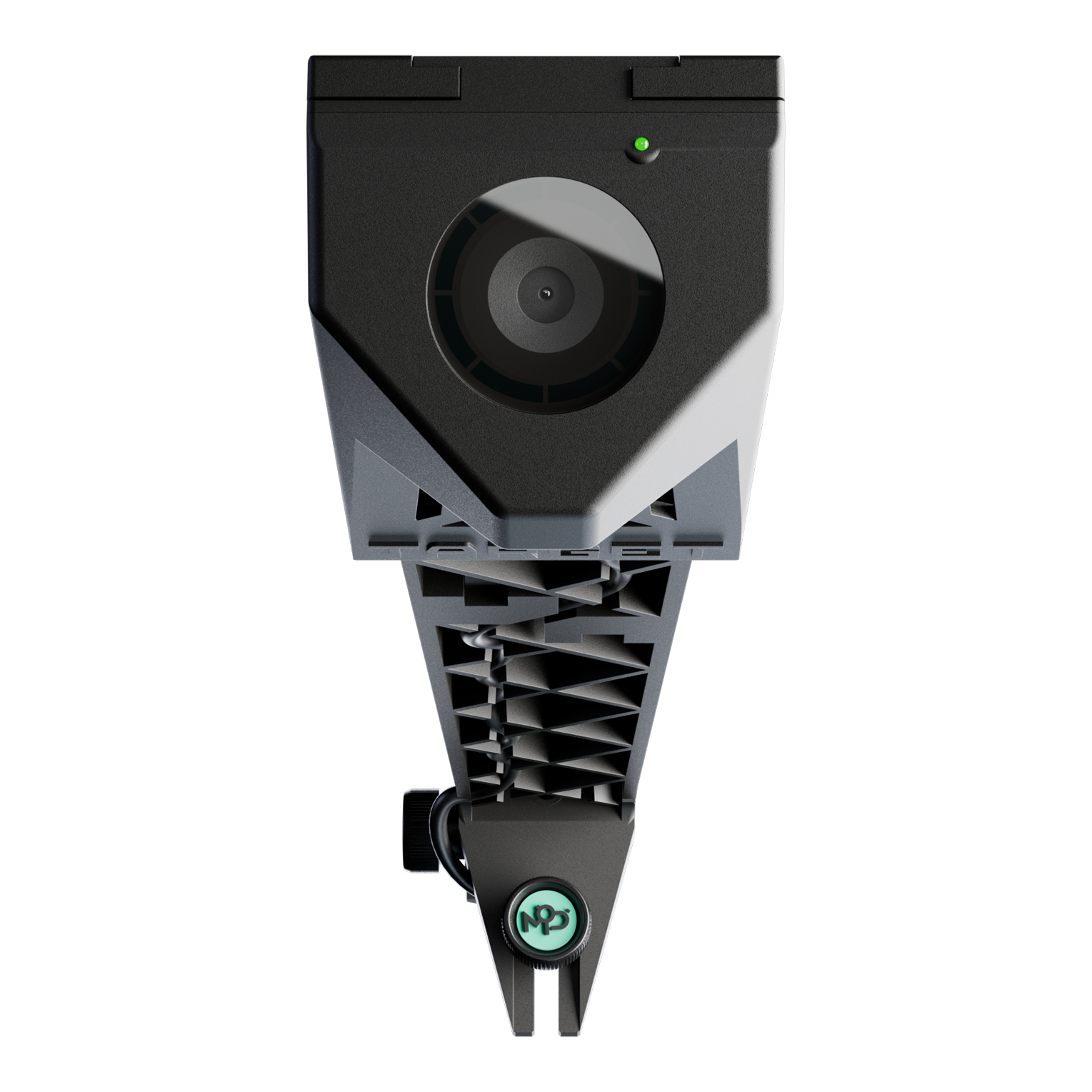 Target VIRT Camera Das Bild zeigt die Target VIRT Kamera aus der Vorderansicht. Die Kamera hat ein modernes, technisches Design mit einem großen Objektiv in der Mitte.