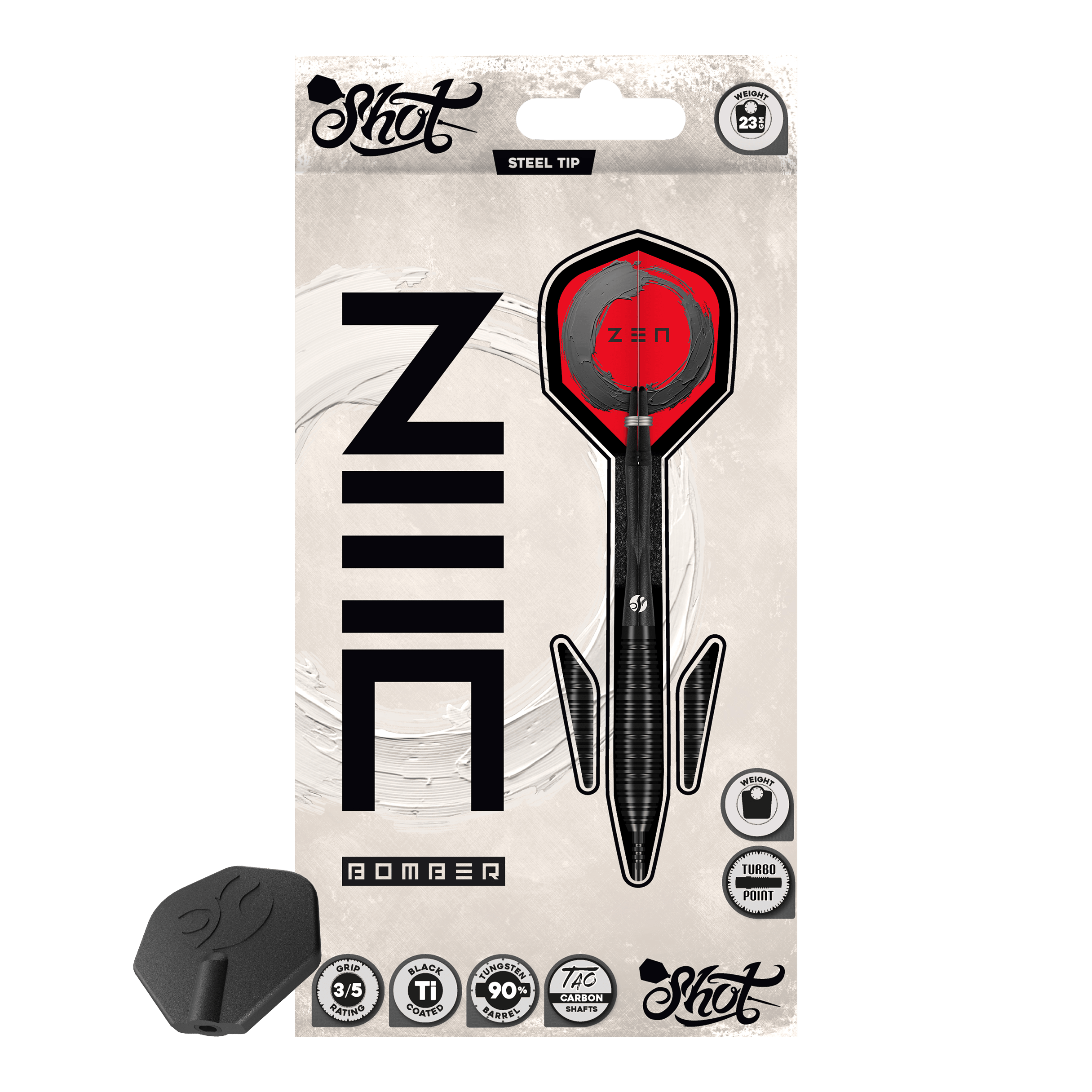 Abgebildet ist das Produkt Shot ZEN Bomber Turbo Point Steeldarts. Dieser Dartpfeil wird für das Steeldartspiel verwendet.