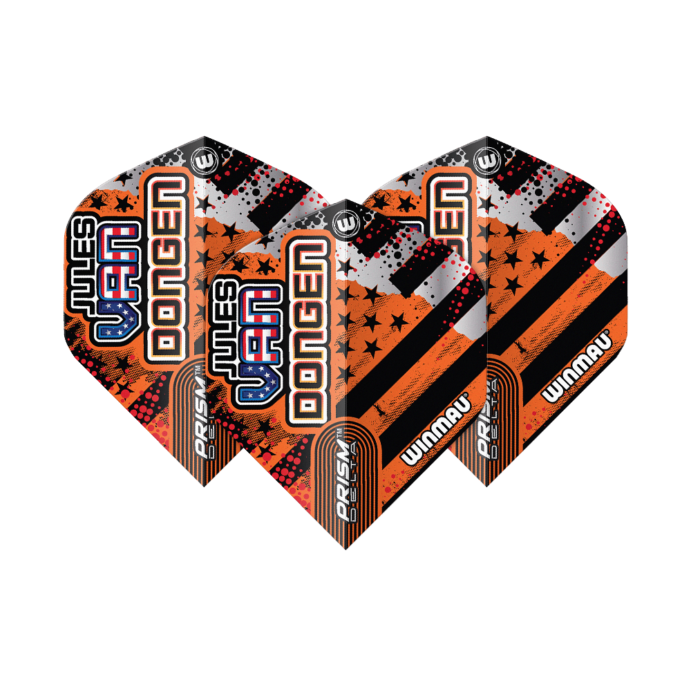 Das Bild zeigt drei Dartflights des Modells "Winmau Prism Delta Jules Van Dongen Standard Flights". Die Flights sind in Schwarz, Orange und Silber gestaltet und tragen den Namen "Jules Van Dongen".