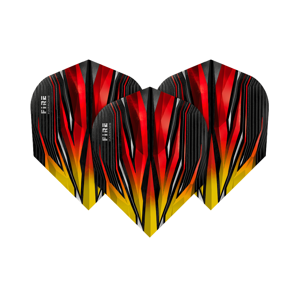 HR3_Harrows_Fire_Two-Tone_Standard_Flights_1TKyLXmeLByCmQ Das Bild zeigt drei Harrows Fire Two-Tone Standard Flights für Dartpfeile. Die Flights sind in auffälligen Rot-, Gelb- und Schwarztönen gestaltet und haben ein modernes, flammenartiges Design.